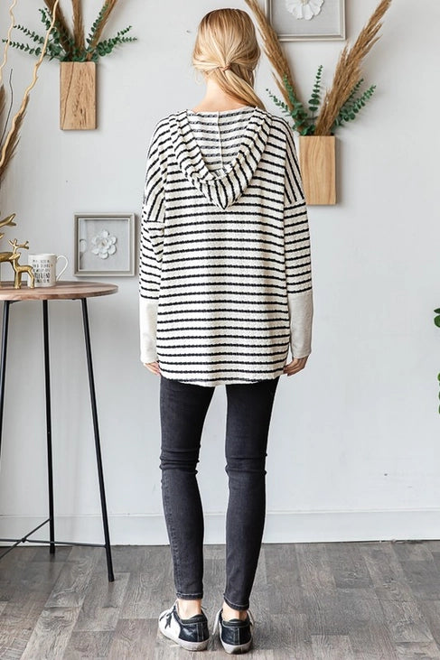 Long Sleeve Stripe and Solid Contrast Hooded Top