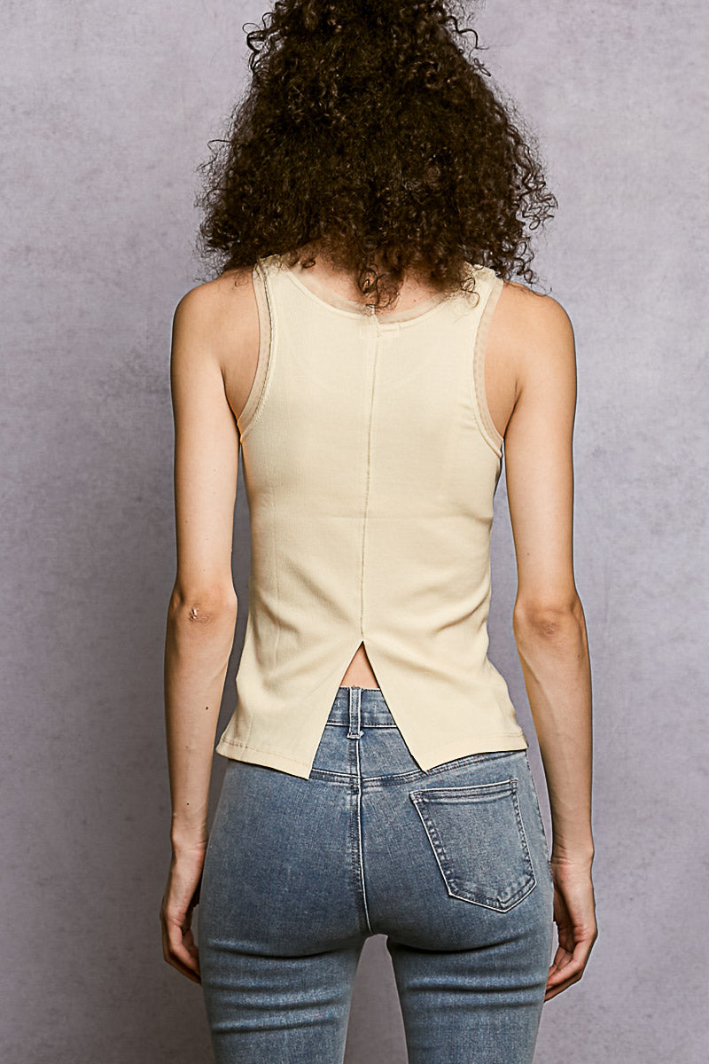 Sleeveless Basic Layering Ribbed Mesh Trim Tank Top