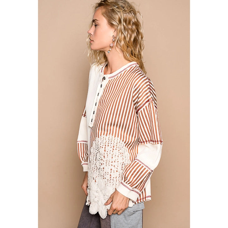 Oversized Crochet Patches Stripe Thermal Top