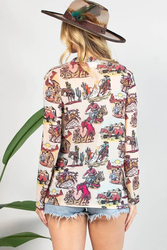 Vintage Western Print Mesh top