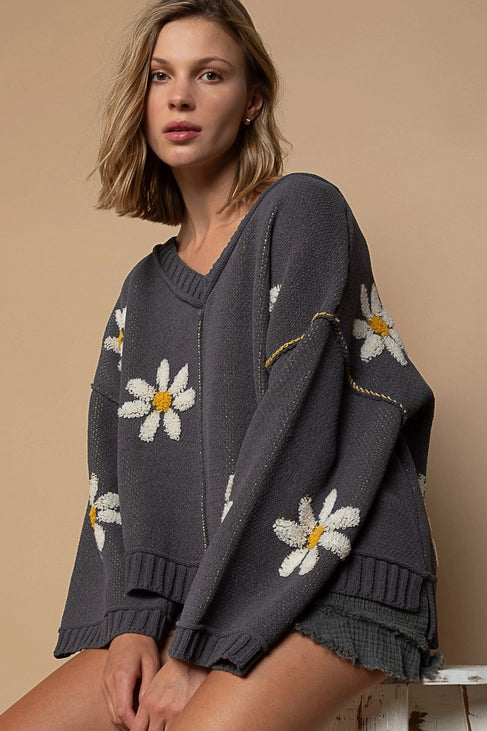 V-Neck Floral Pattern Sweater