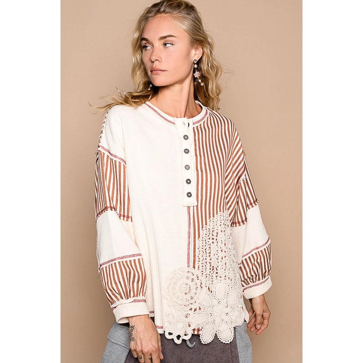 Oversized Crochet Patches Stripe Thermal Top