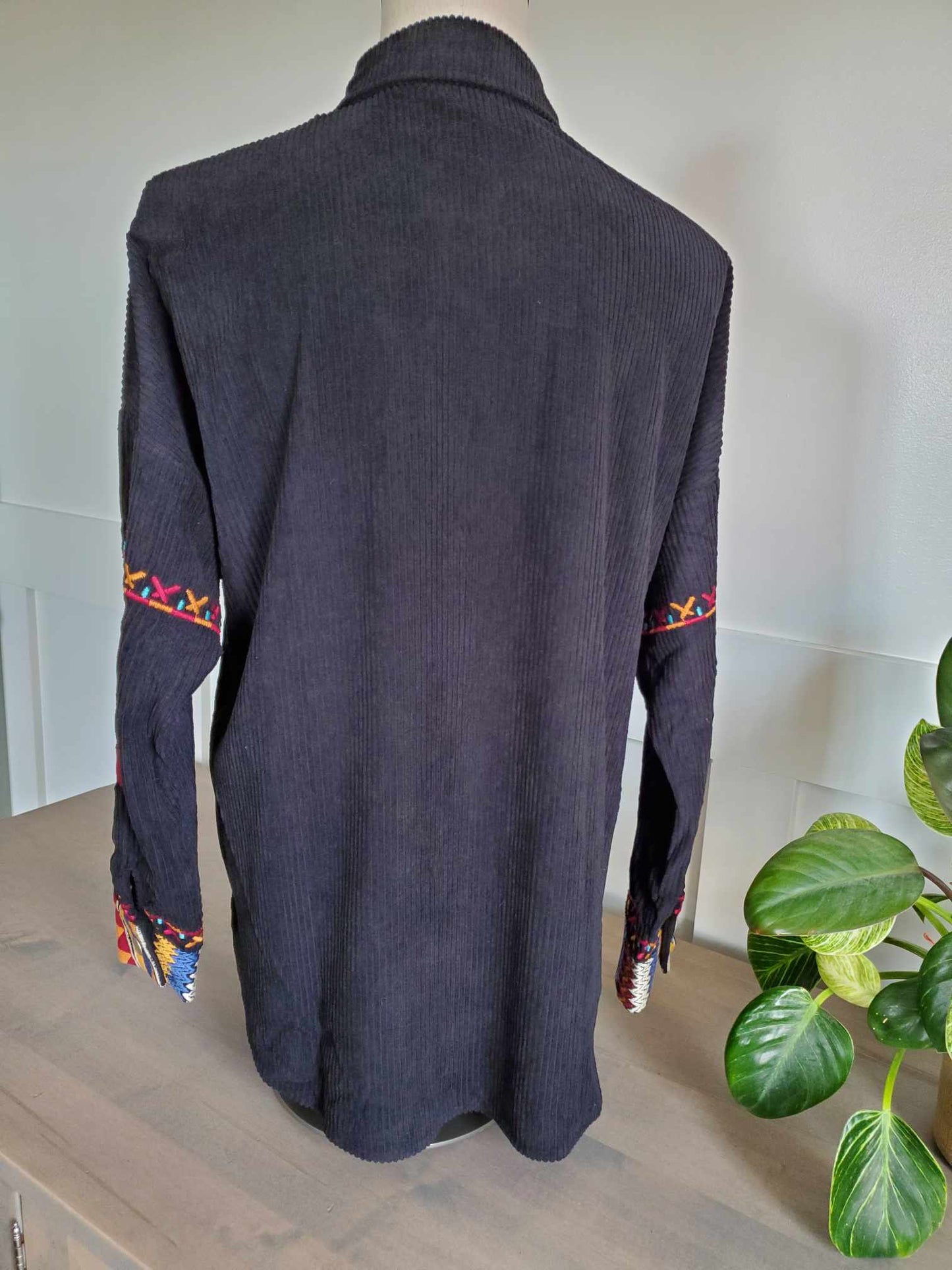 Multi Colored Embroidered Black Corduroy Jacket