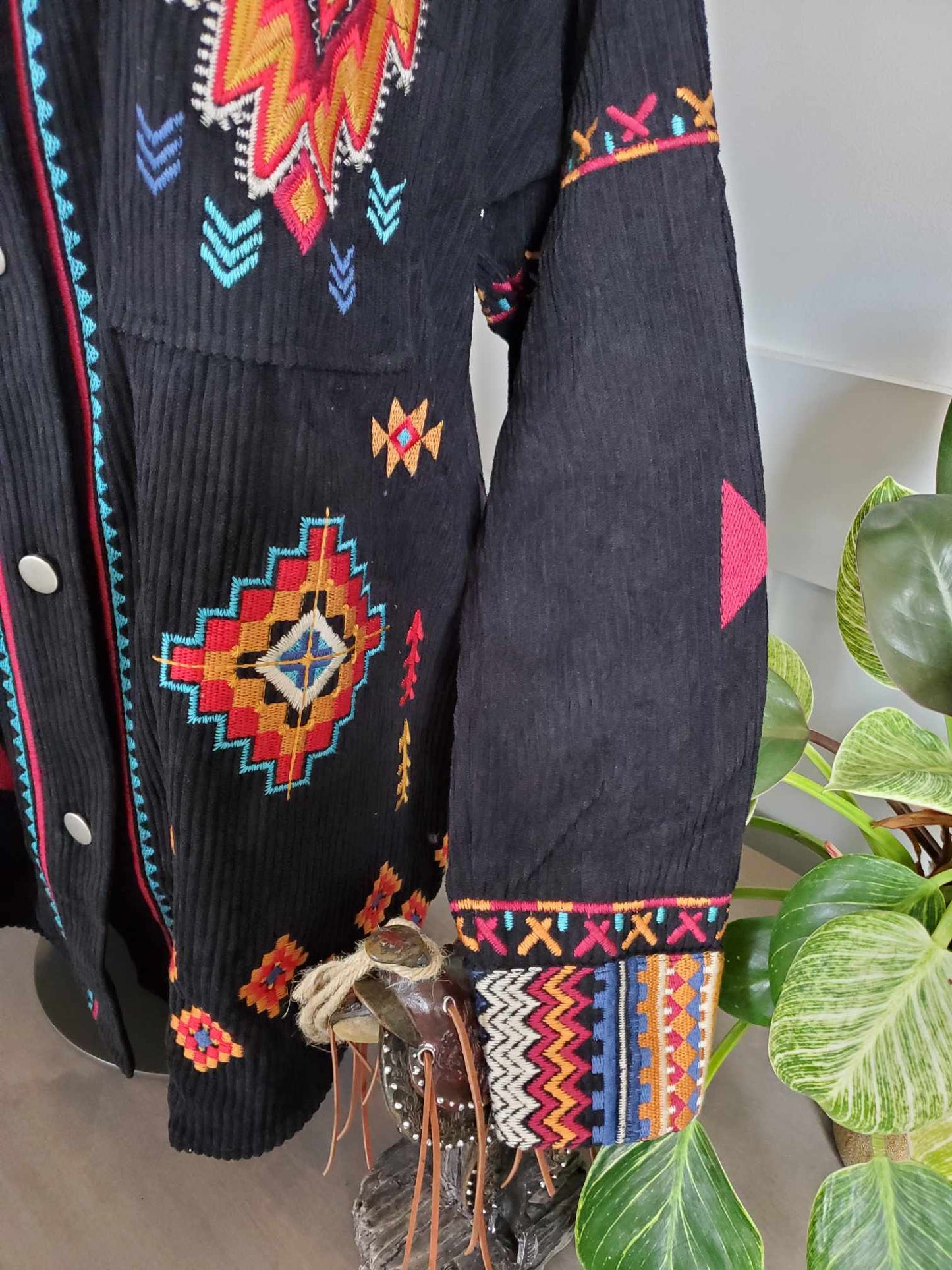 Multi Colored Embroidered Black Corduroy Jacket