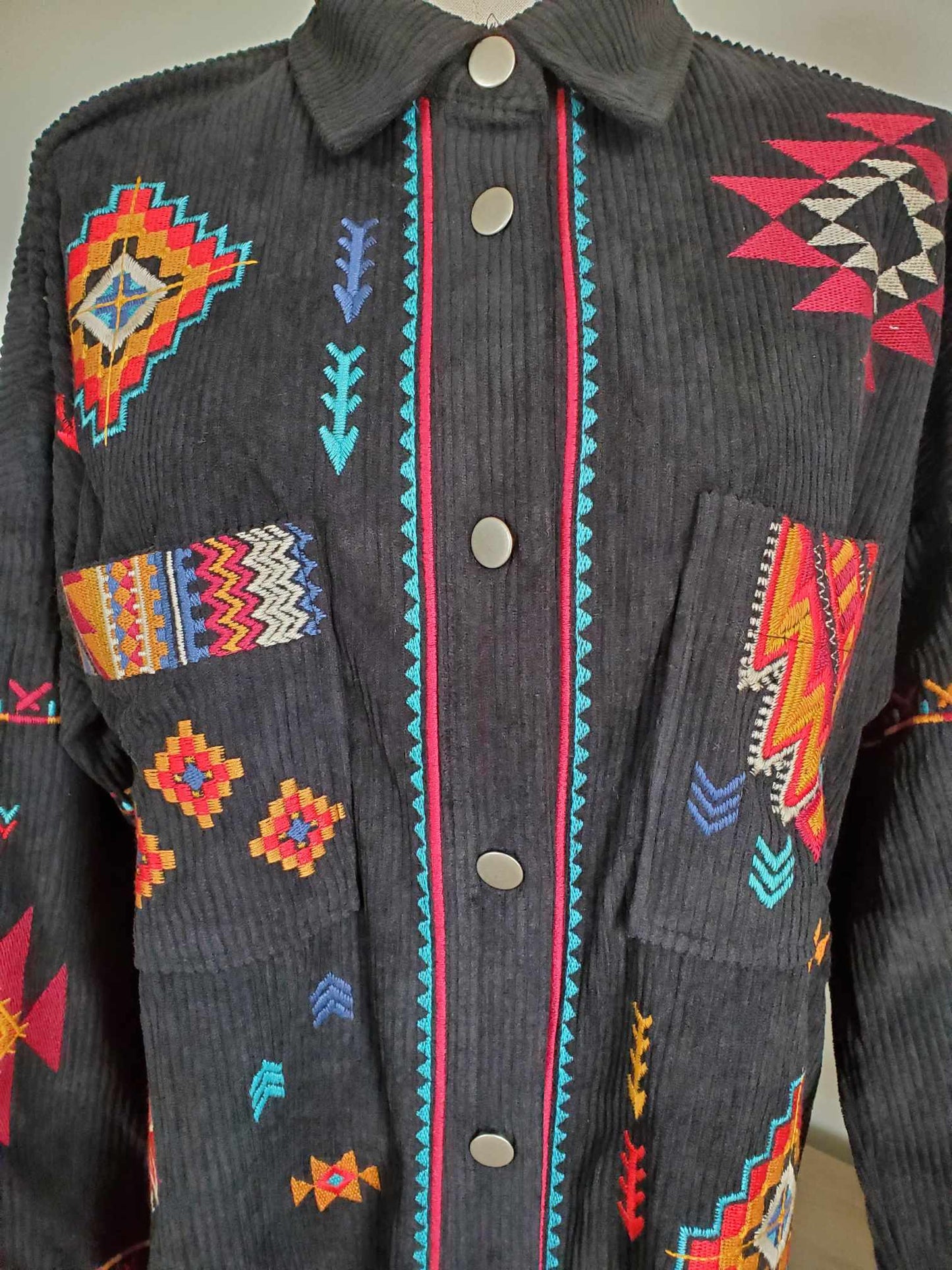 Multi Colored Embroidered Black Corduroy Jacket
