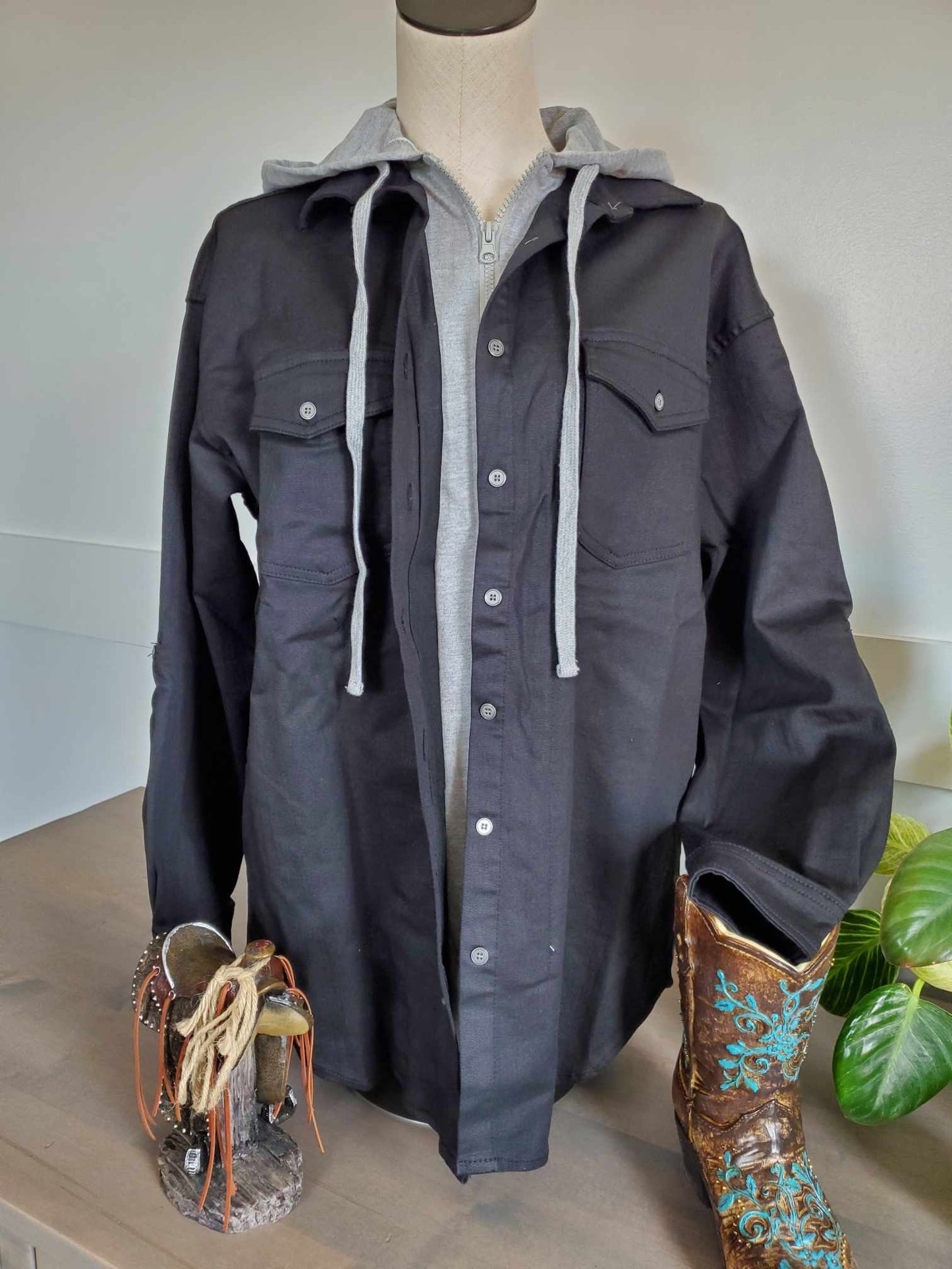 Coated Black Jacket With Zip Up Hoodie