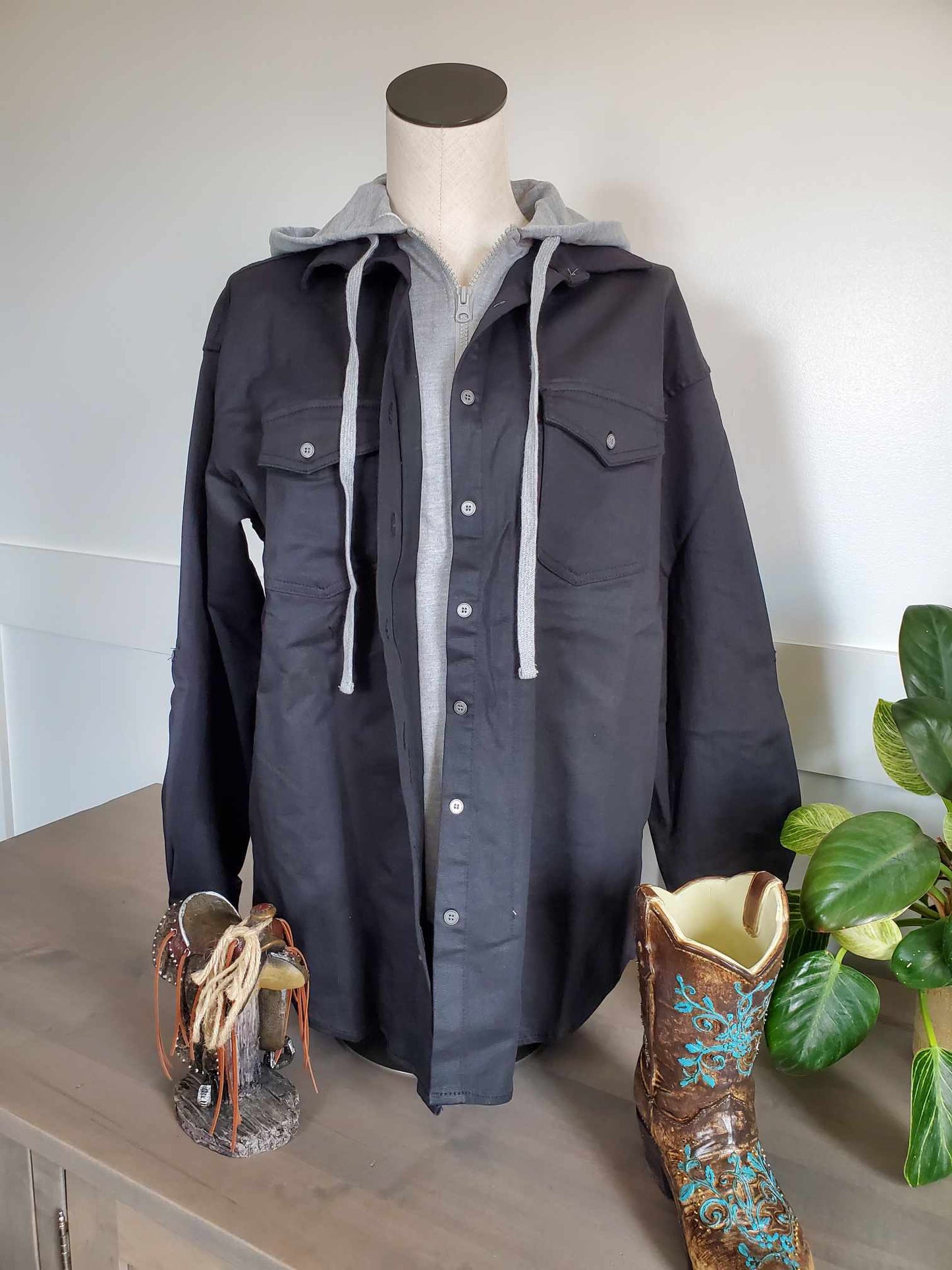 Coated Black Jacket With Zip Up Hoodie