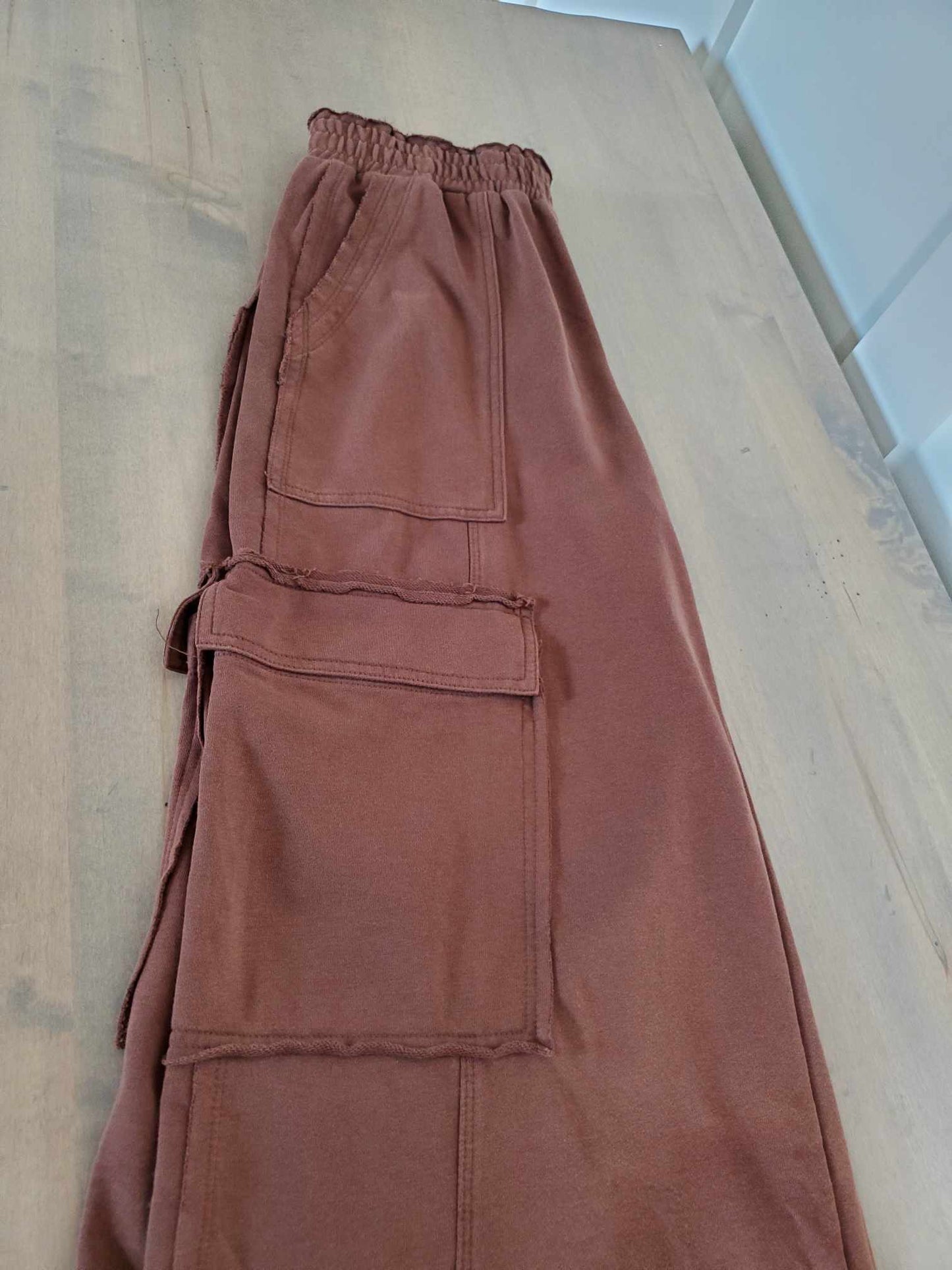 Stone Wash Wide Leg Pants - Brown