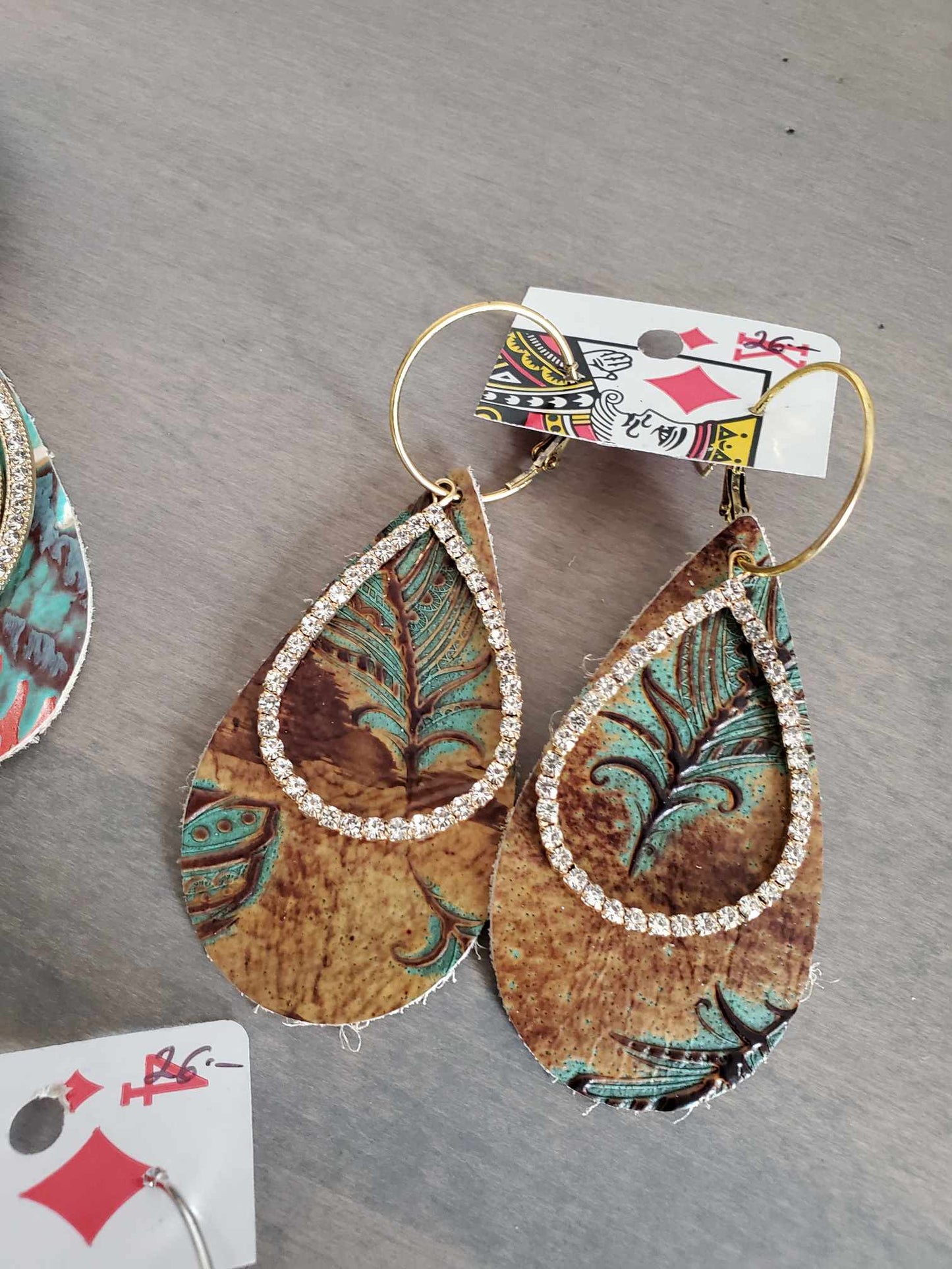 Leather Teardrop Earrings with Rhinestone Accents