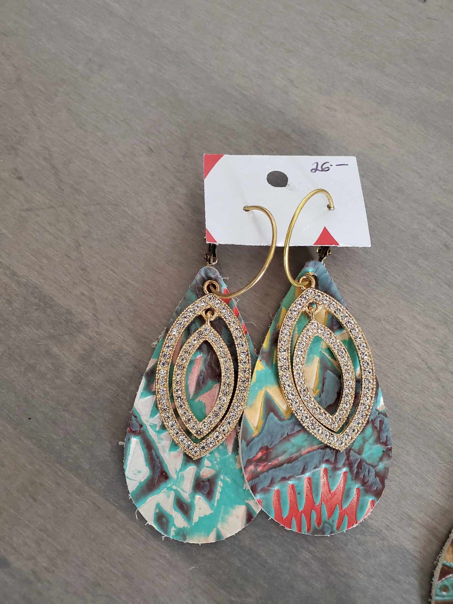 Leather Teardrop Earrings with Rhinestone Accents