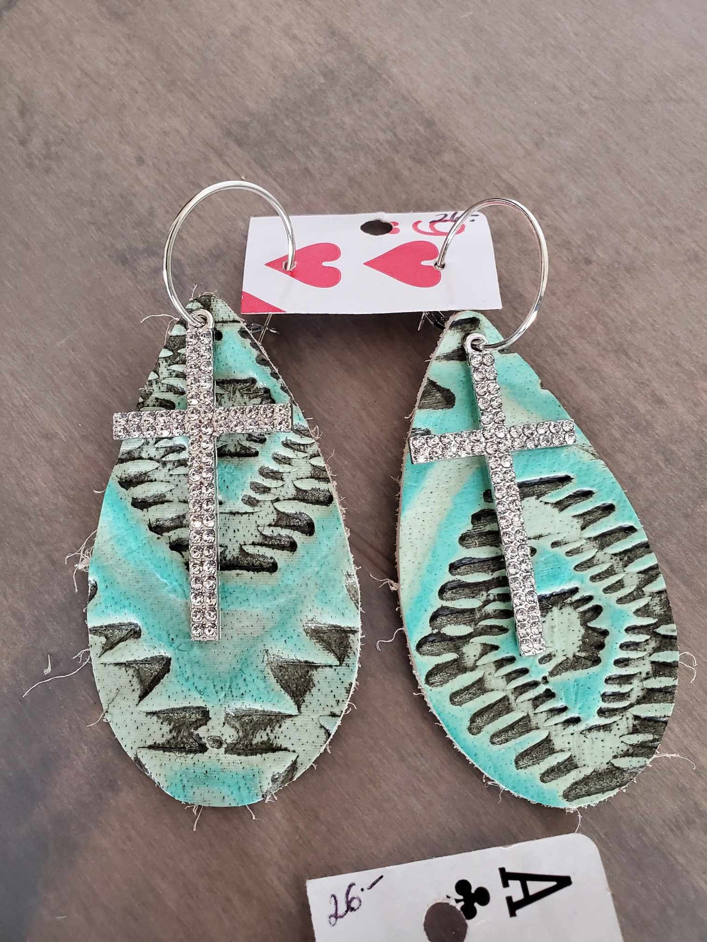 Leather Teardrop Earrings with Rhinestone Accents