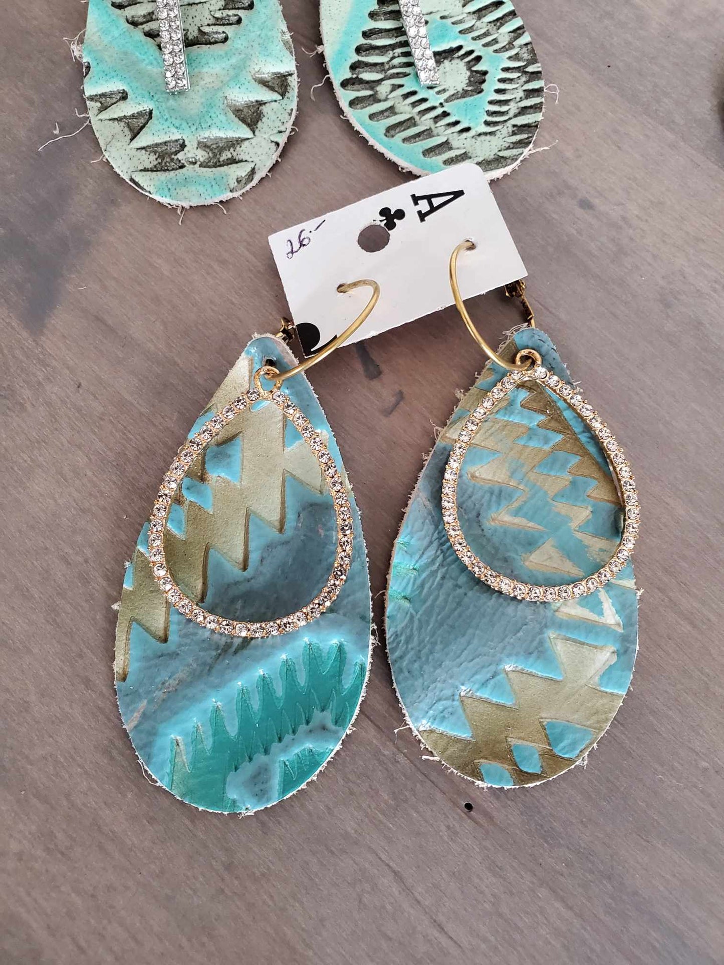 Leather Teardrop Earrings with Rhinestone Accents