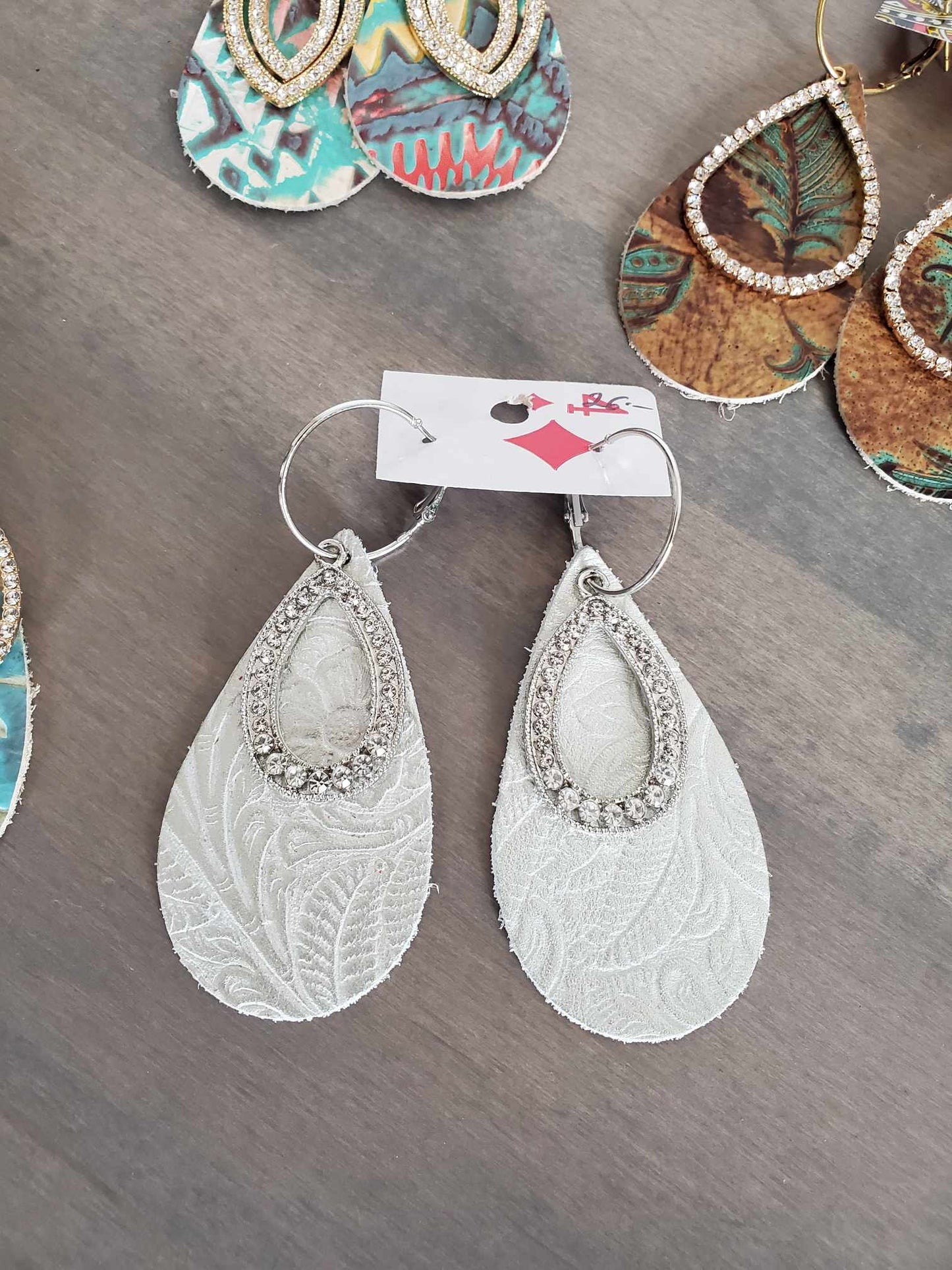 Leather Teardrop Earrings with Rhinestone Accents