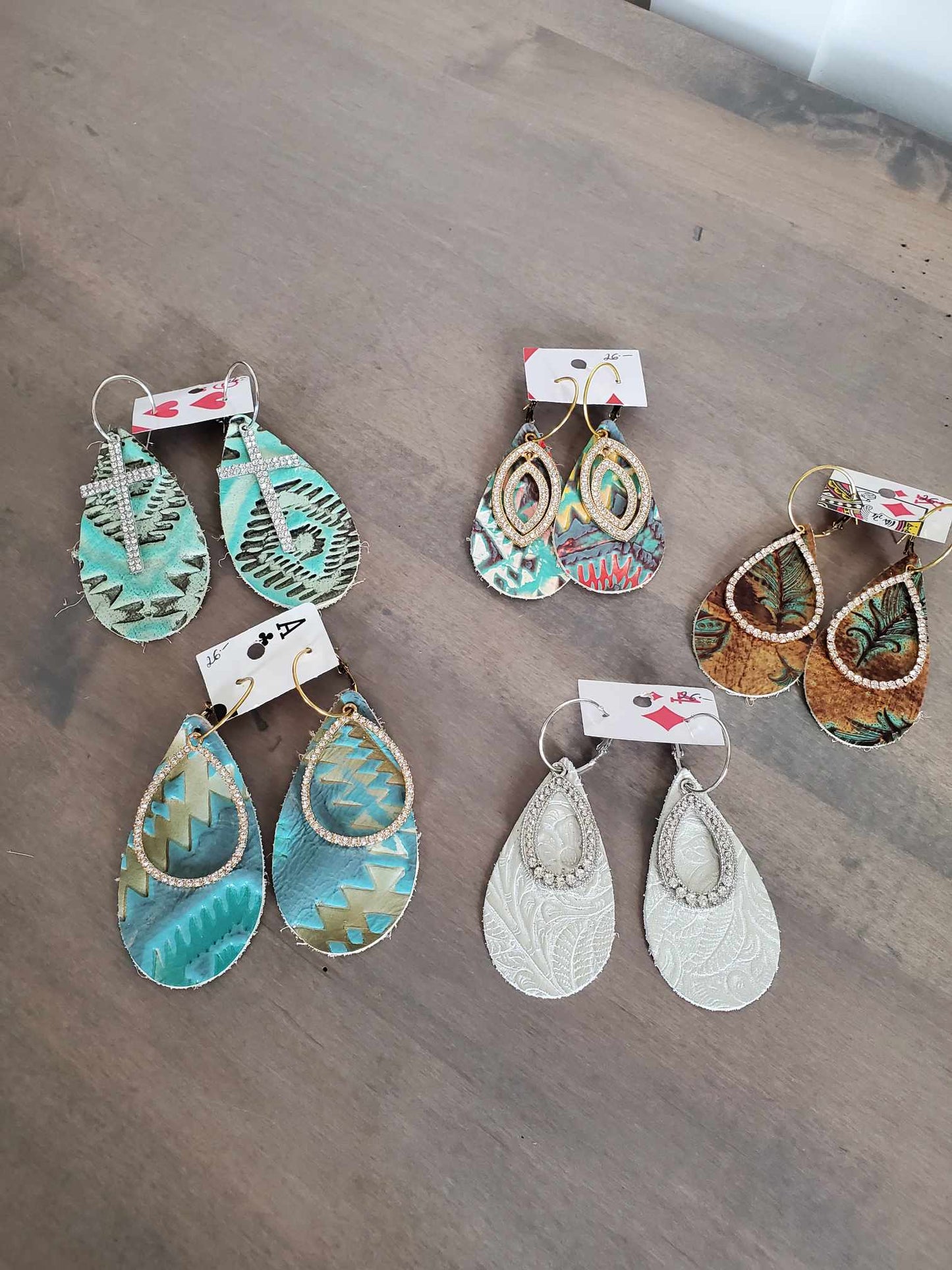 Leather Teardrop Earrings with Rhinestone Accents