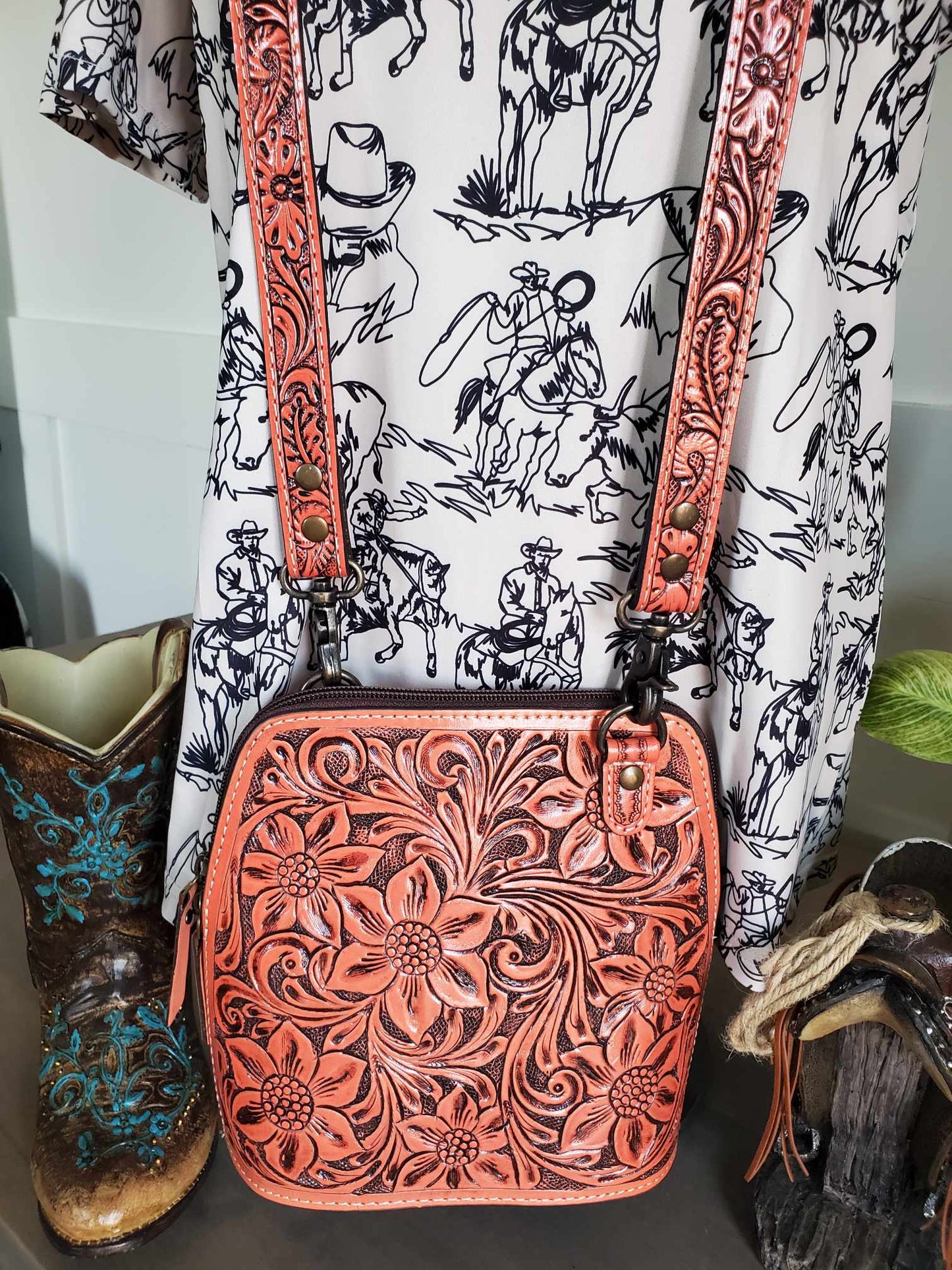 Spring Colored Tooled Leather Cross Body Bag