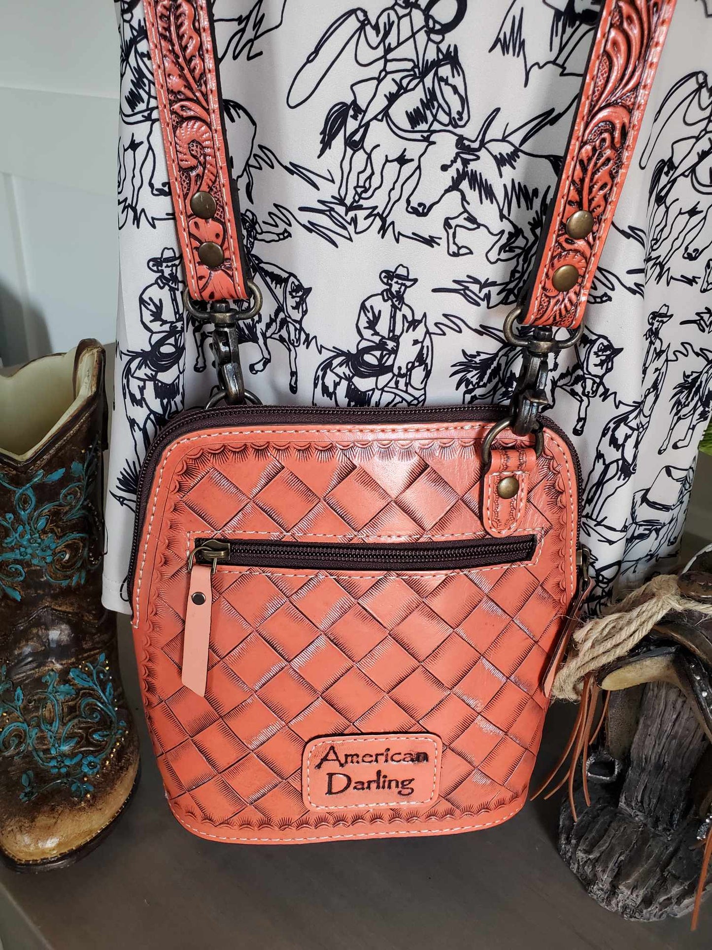 Spring Colored Tooled Leather Cross Body Bag