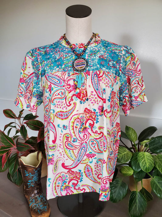 Paisley Print Turquoise Embroidered Top