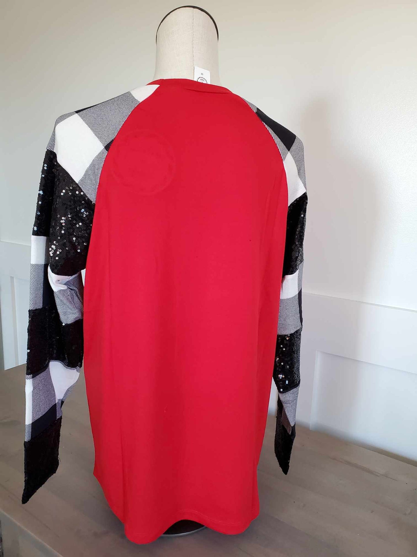 Plaid And Sequin Long Sleeve Top - Red, White And Black
