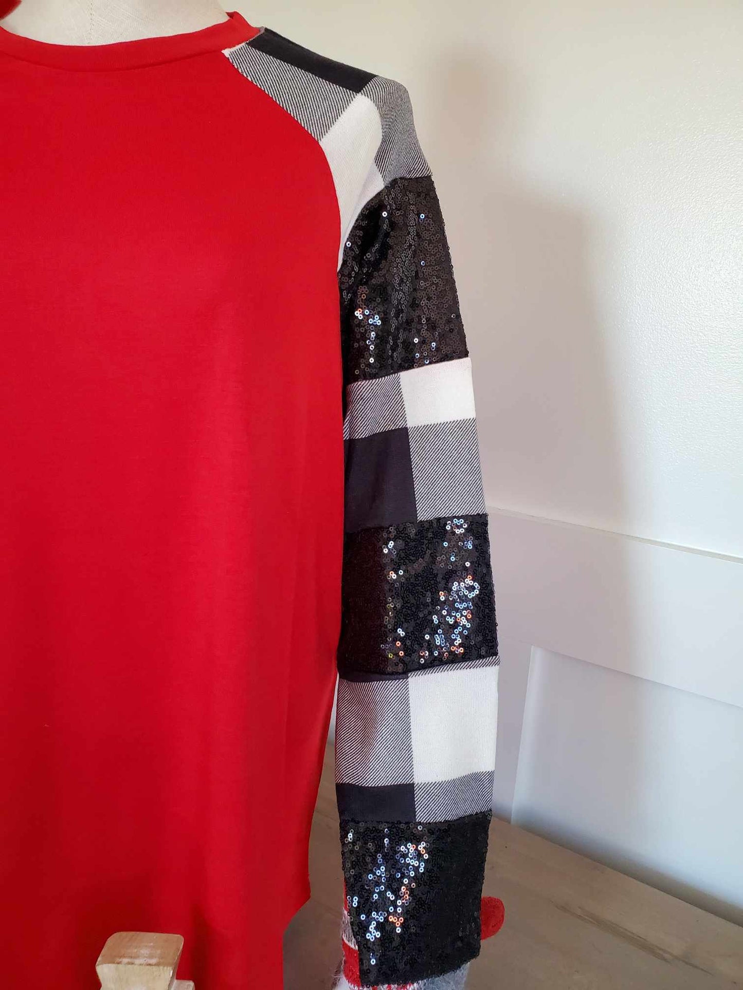 Plaid And Sequin Long Sleeve Top - Red, White And Black