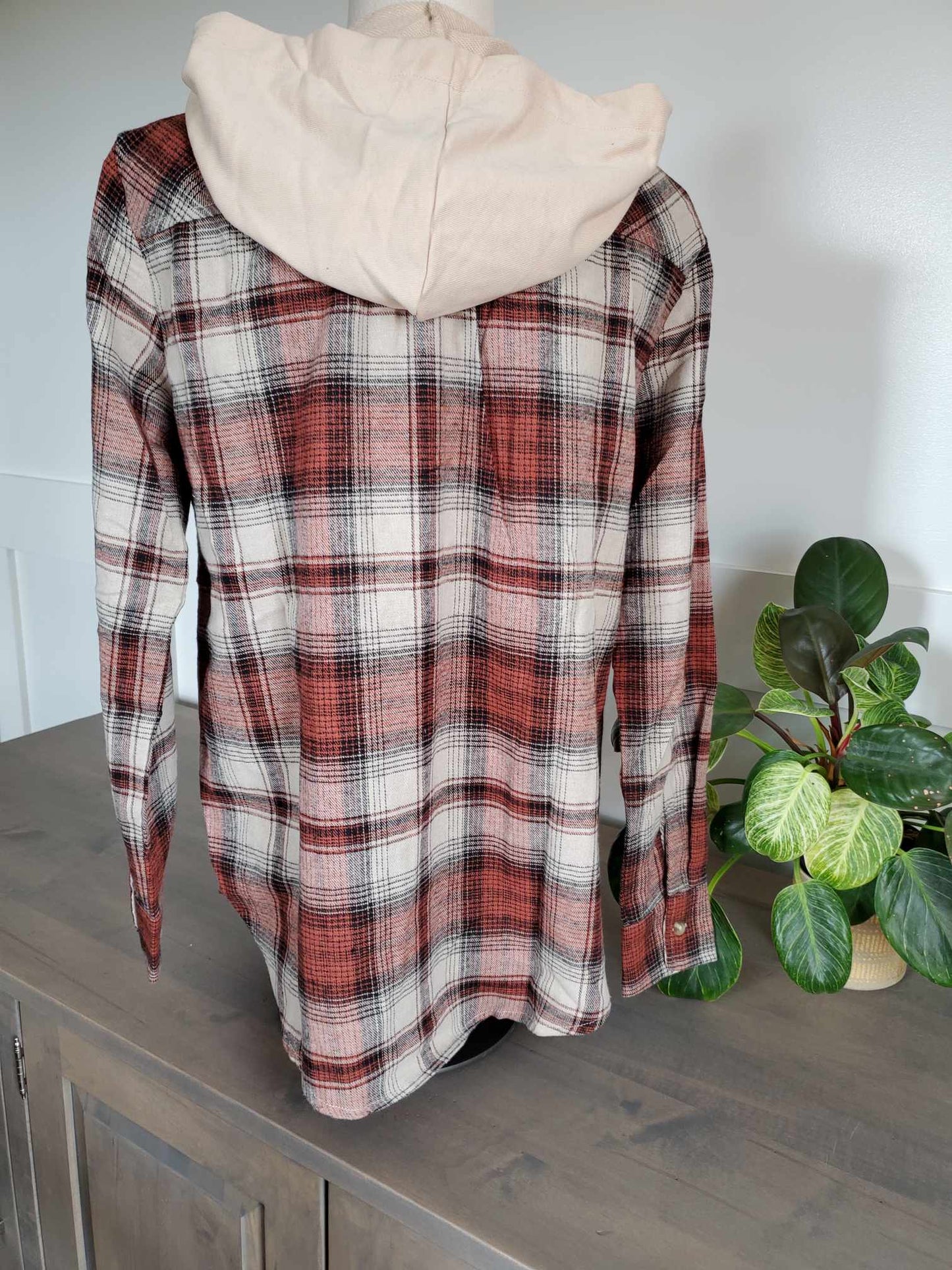 Hooded Rust Plaid Flannel Shirt