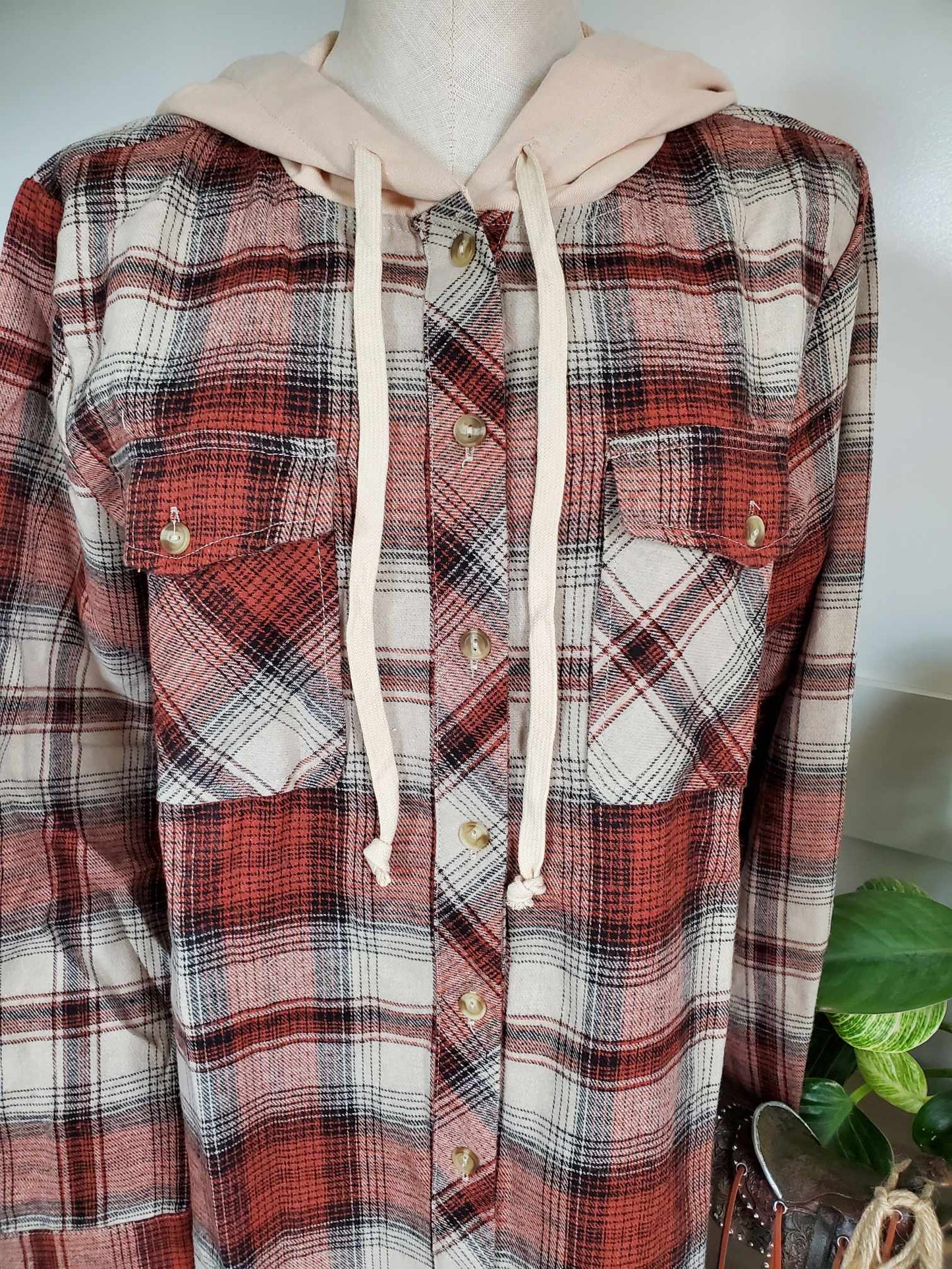 Hooded Rust Plaid Flannel Shirt