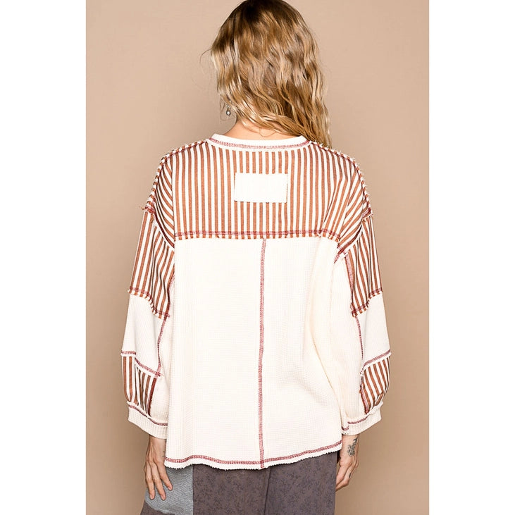 Oversized Crochet Patches Stripe Thermal Top