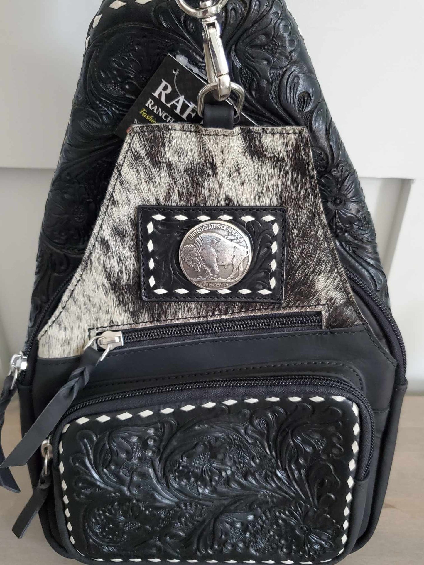 Hair on Hide and Floral Carving Sling Bag
