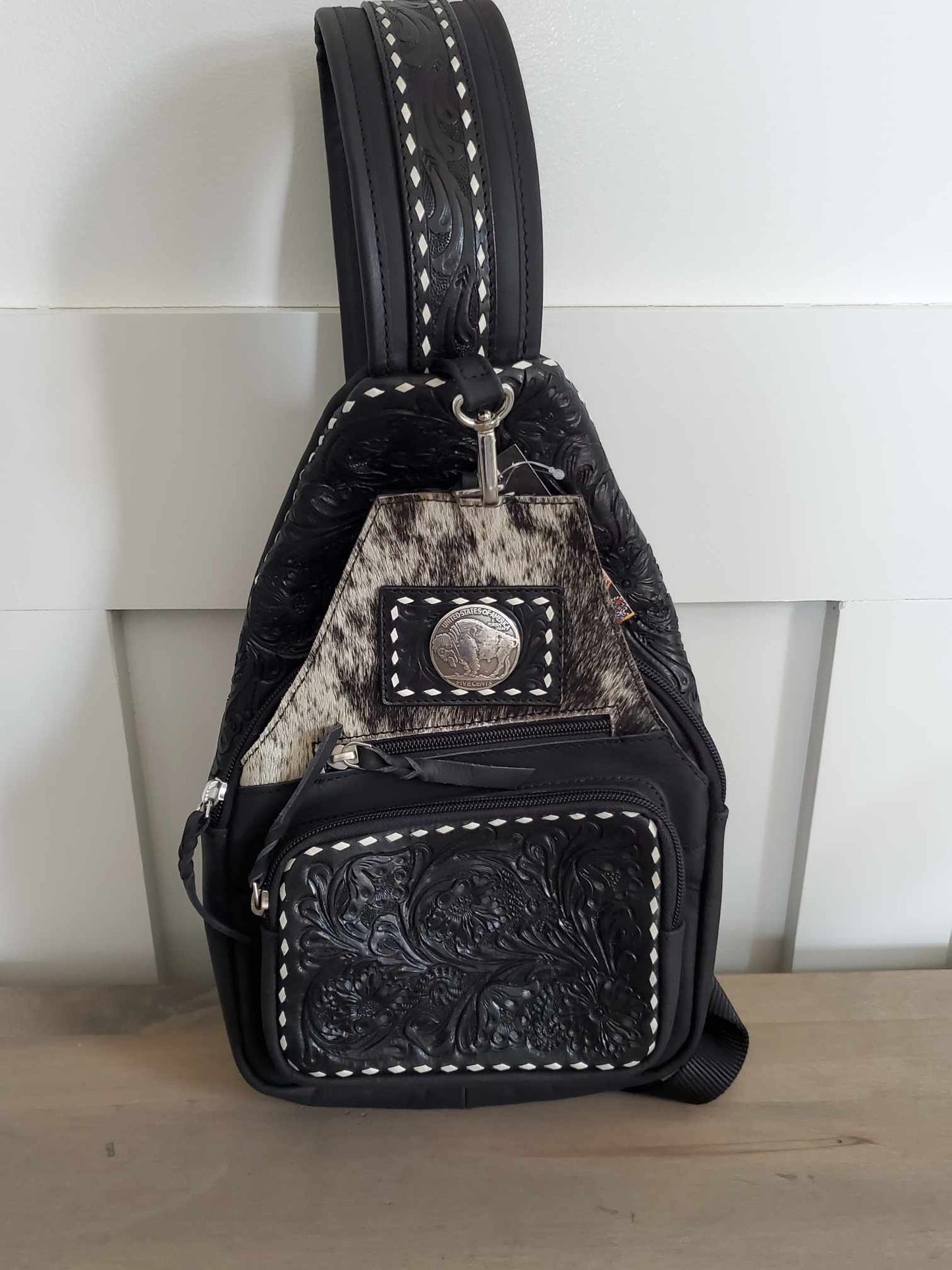 Hair on Hide and Floral Carving Sling Bag