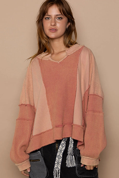 Notched Neck Long Sleeve Top