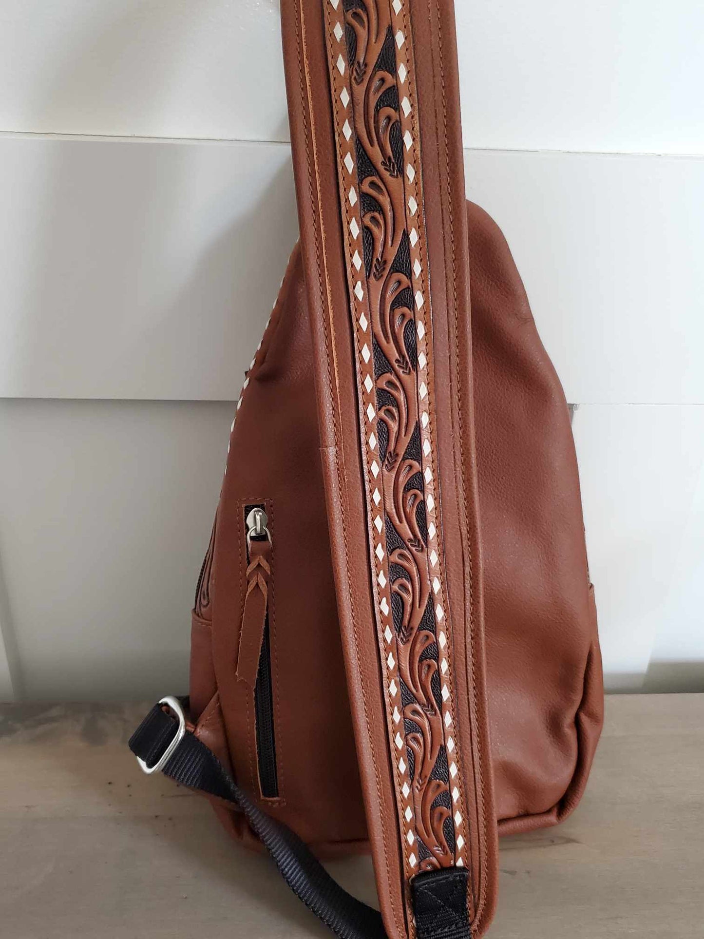 Hair on Hide and Floral Carving Sling Bag