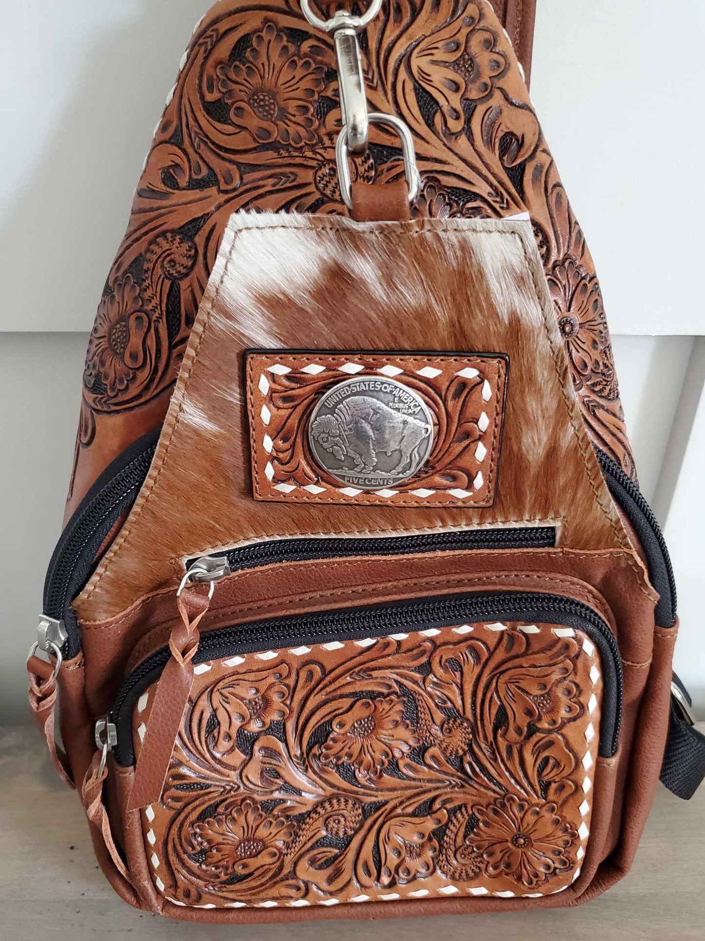 Hair on Hide and Floral Carving Sling Bag