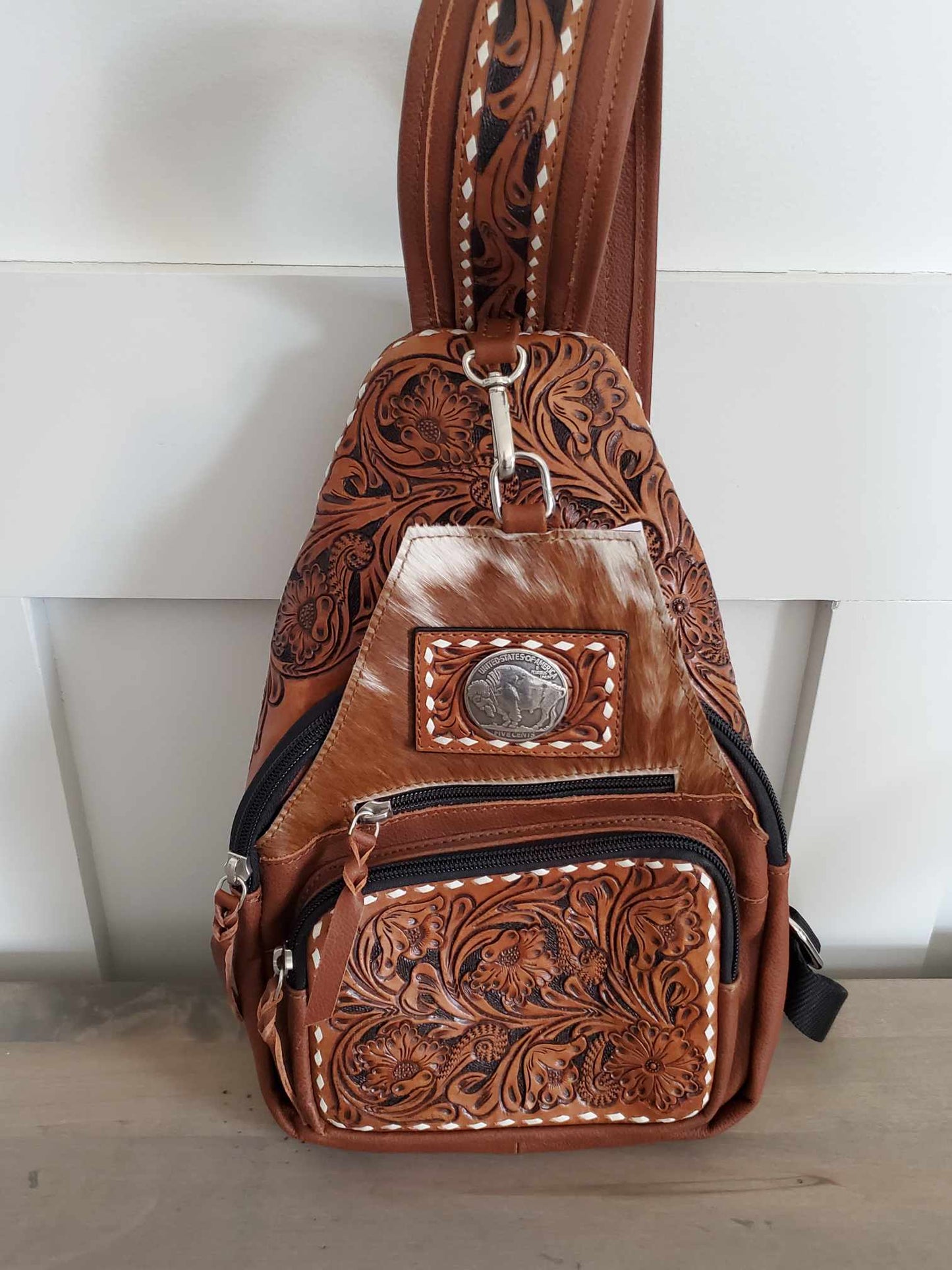 Hair on Hide and Floral Carving Sling Bag