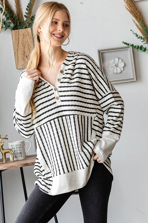 Long Sleeve Stripe and Solid Contrast Hooded Top