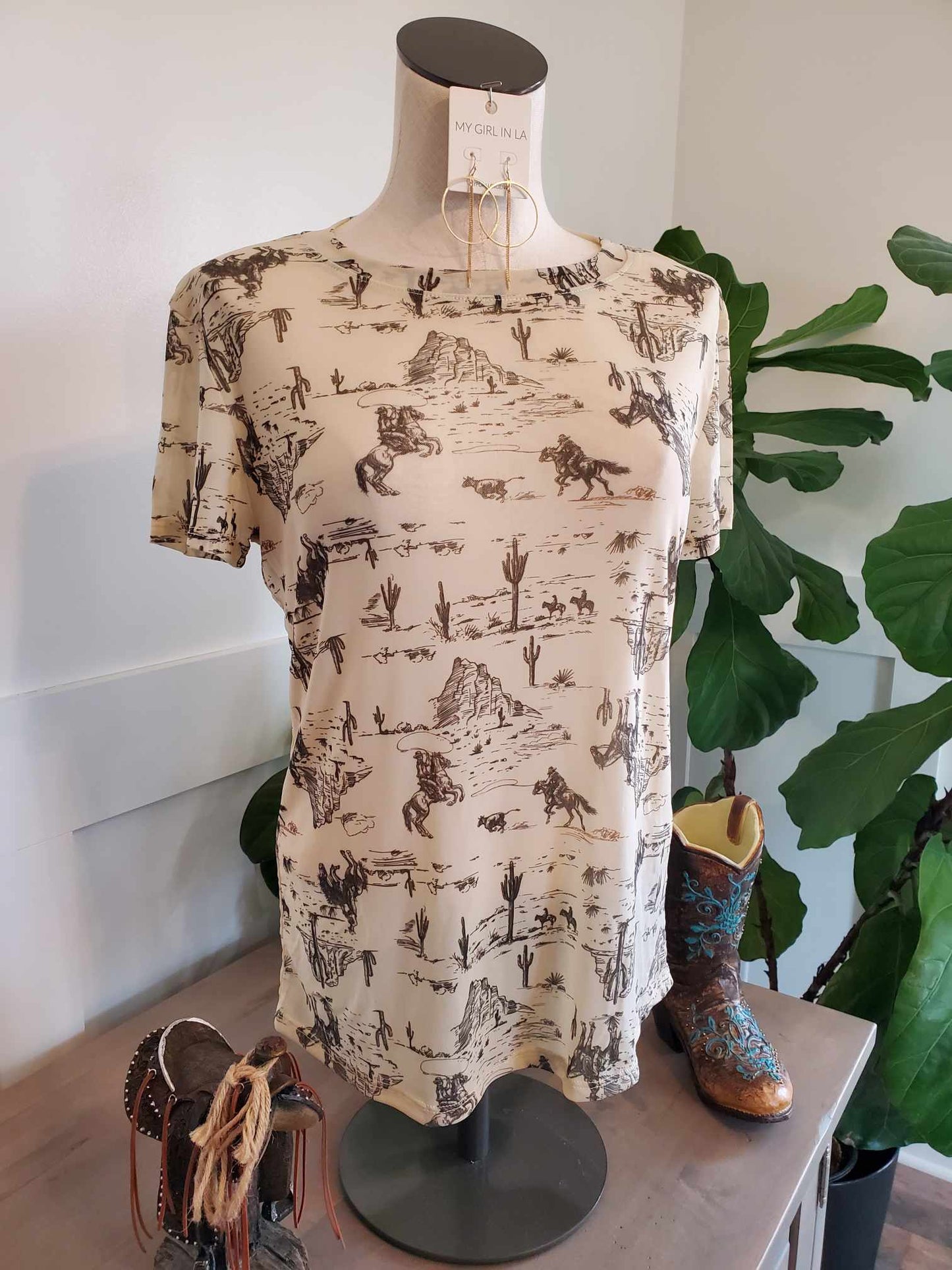Desert Cowboy Print Mesh Top
