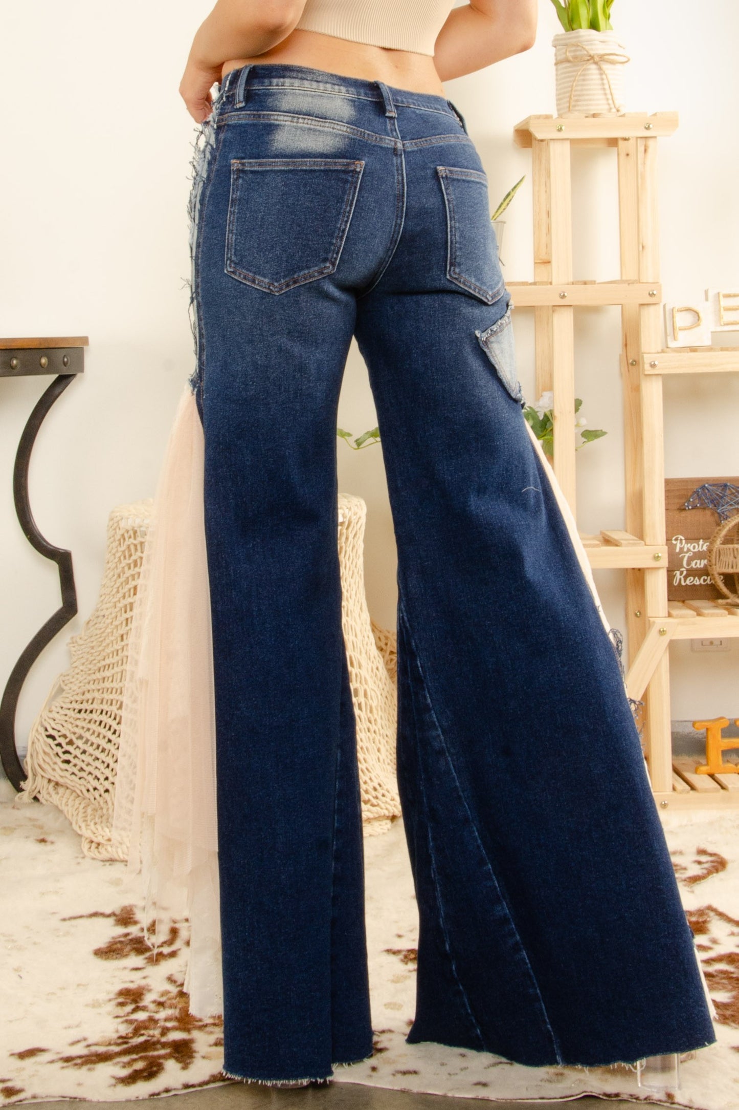 Denim Pants with Mesh Ruffle