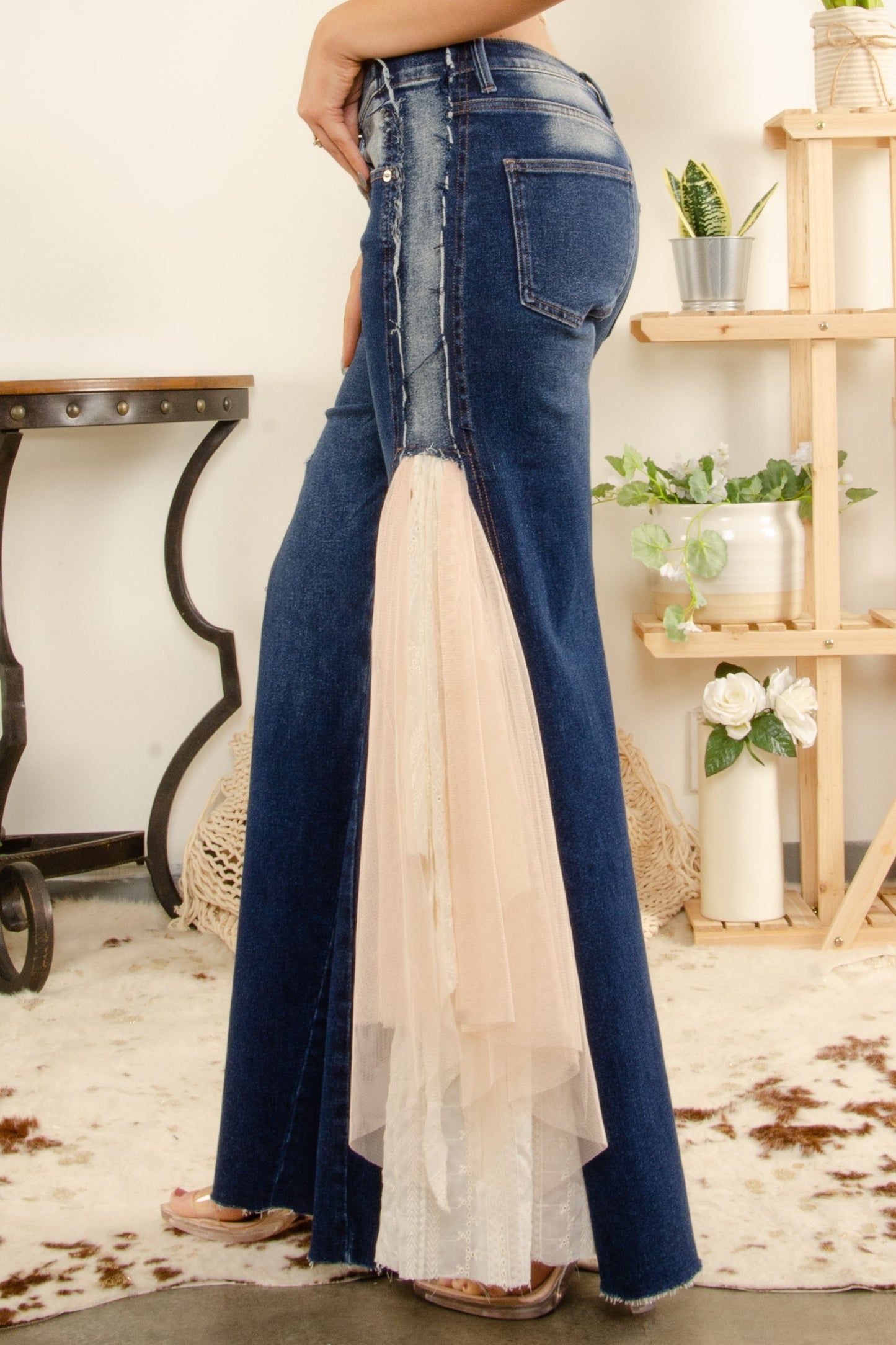 Denim Pants with Mesh Ruffle