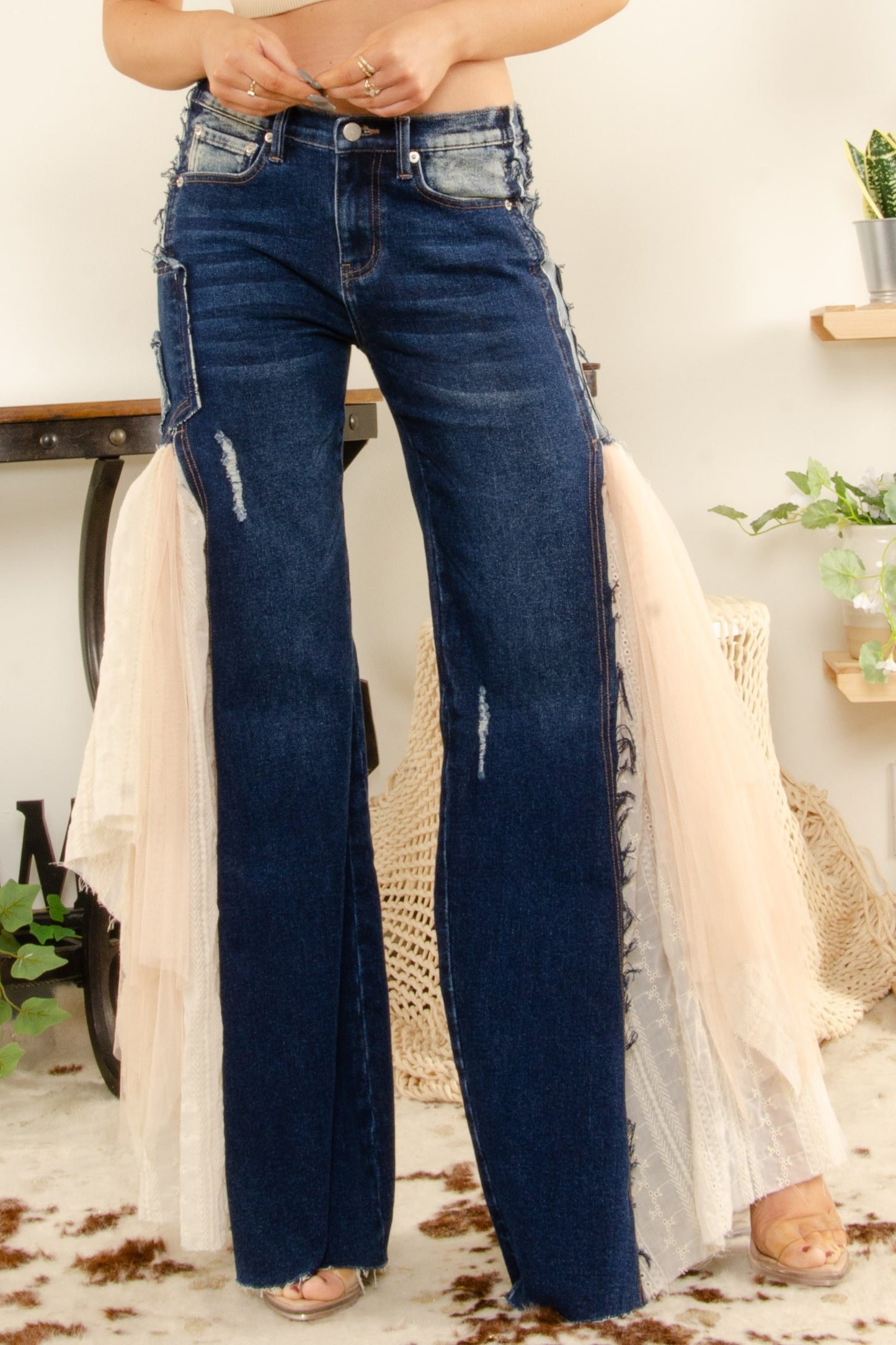 Denim Pants with Mesh Ruffle