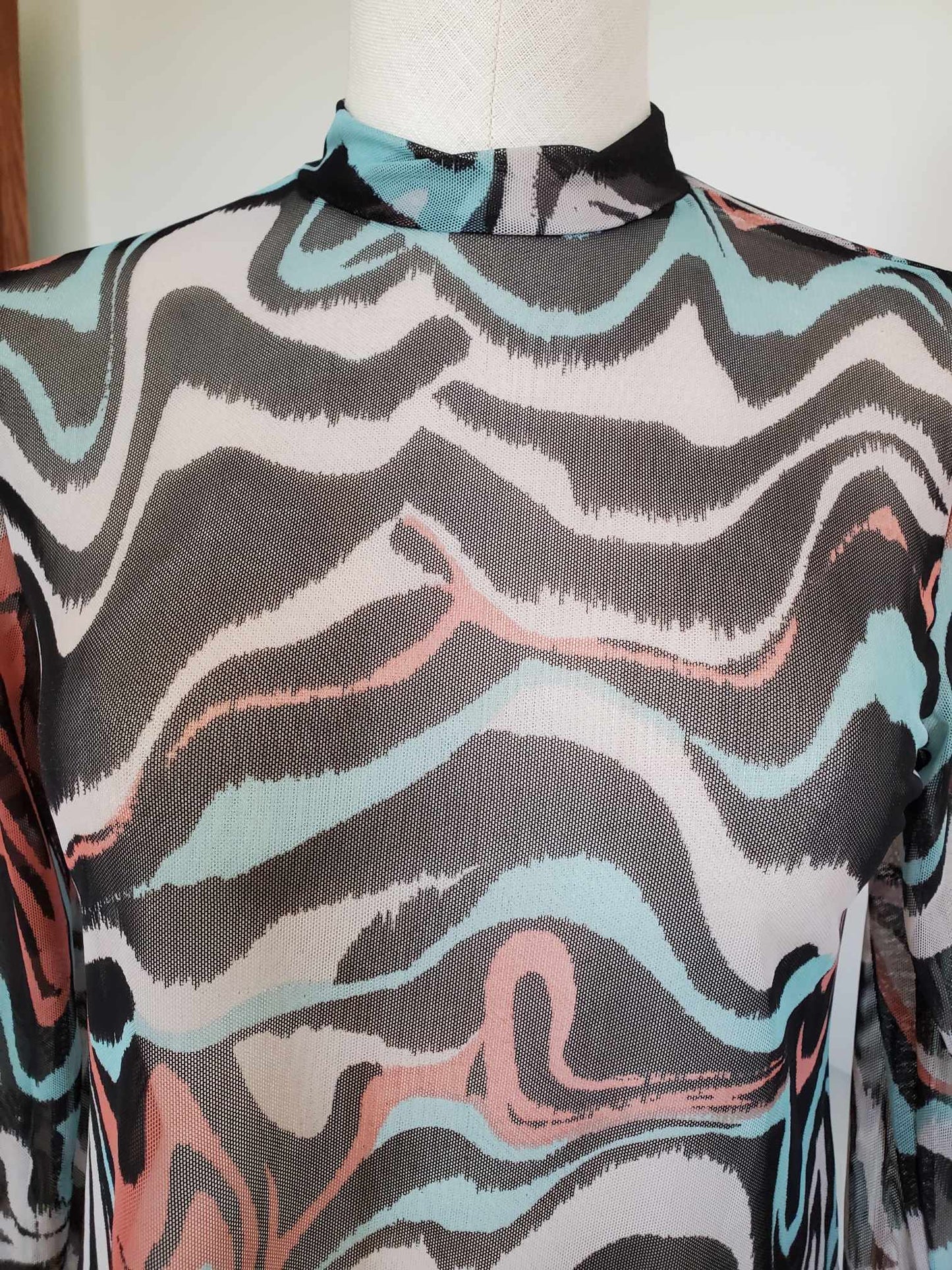 Rust and Turquoise Printed Mesh Top