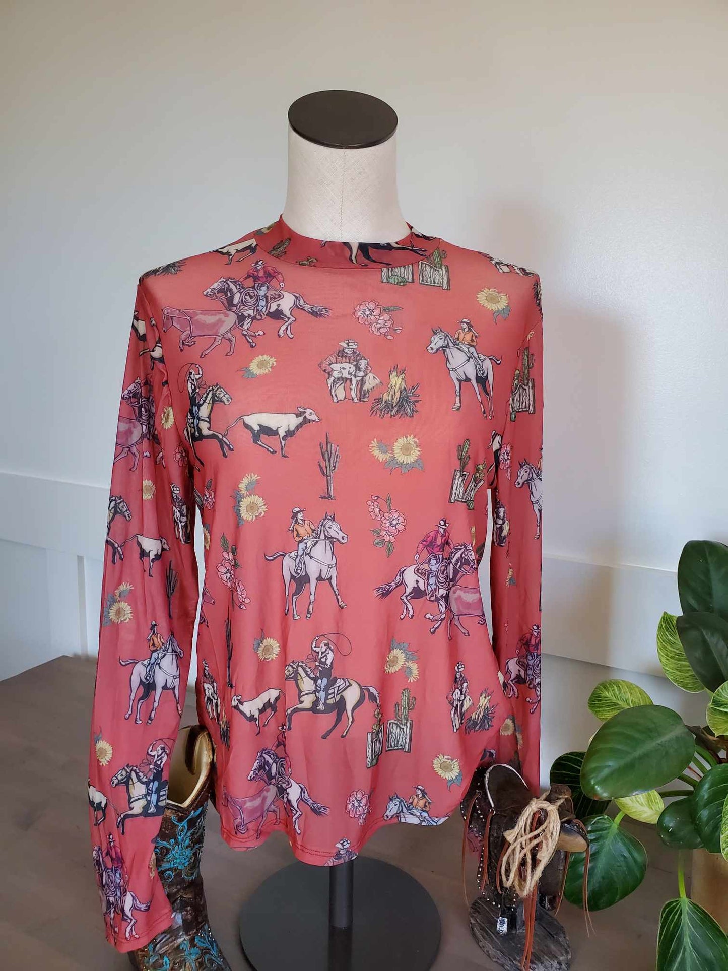 Rust Western Print Mesh Top