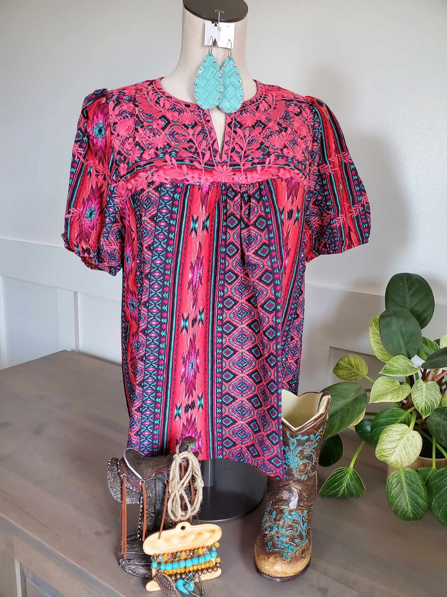 Multi Colored Aztec Embroidered Short Sleeve