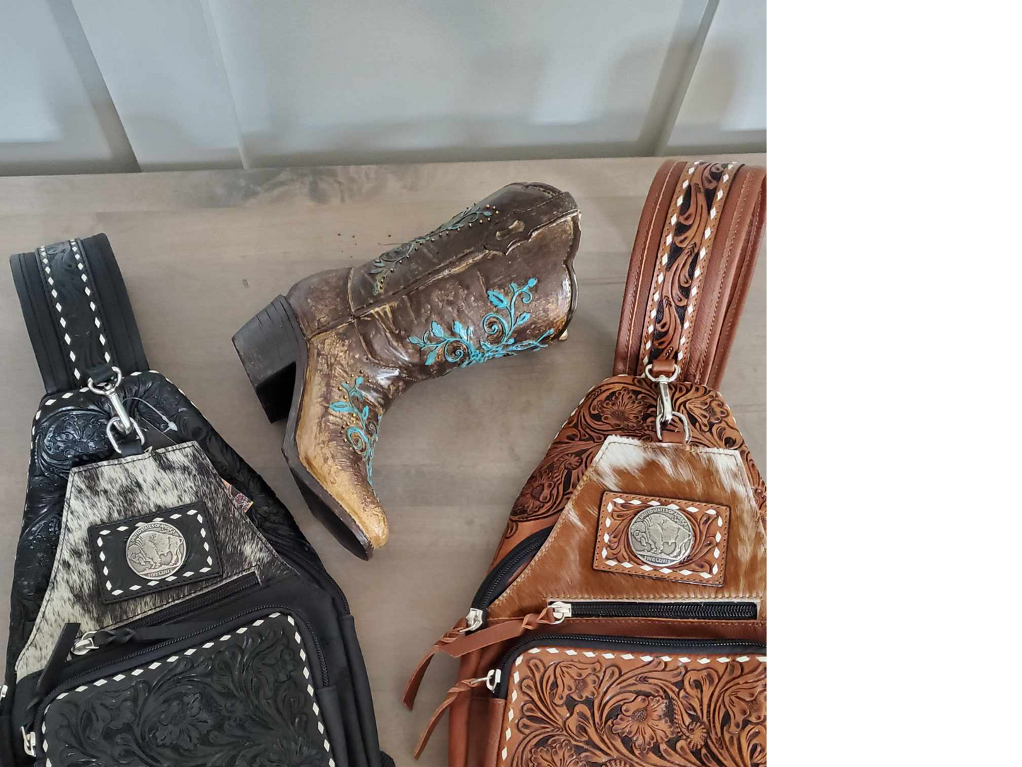 Hair on Hide and Floral Carving Sling Bag