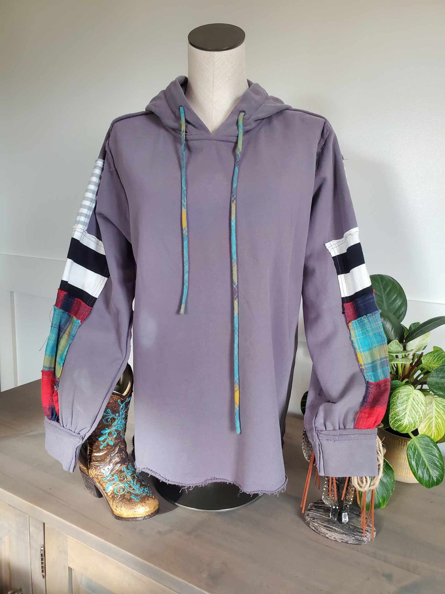 Terry Knit Mixed Plaid Hoodie