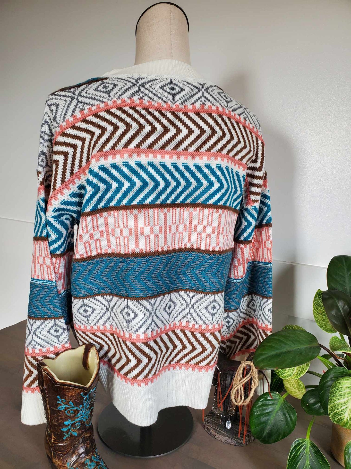 Aztec Print Crew Neck Pullover Sweater