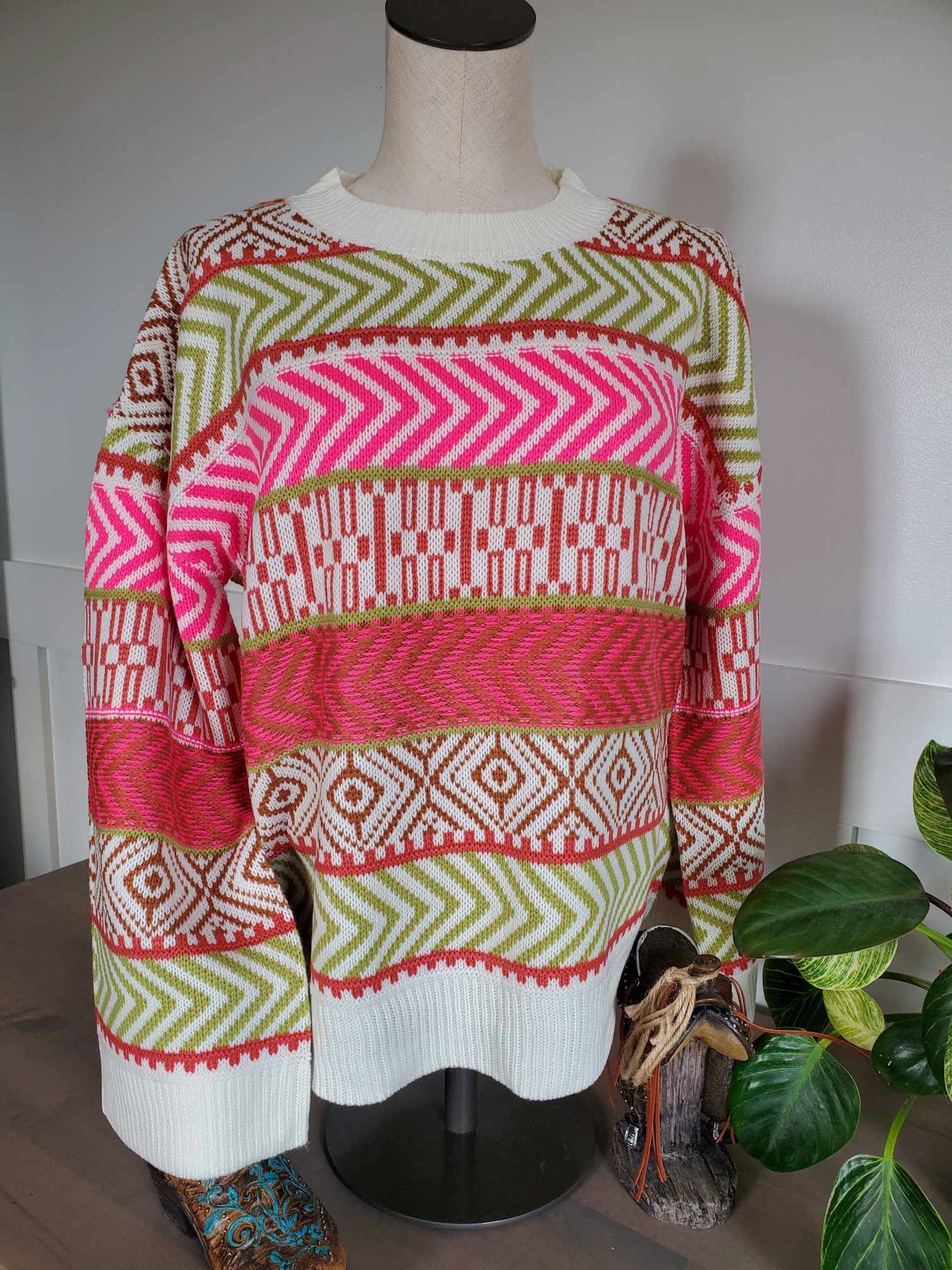 Aztec Print Crew Neck Pullover Sweater