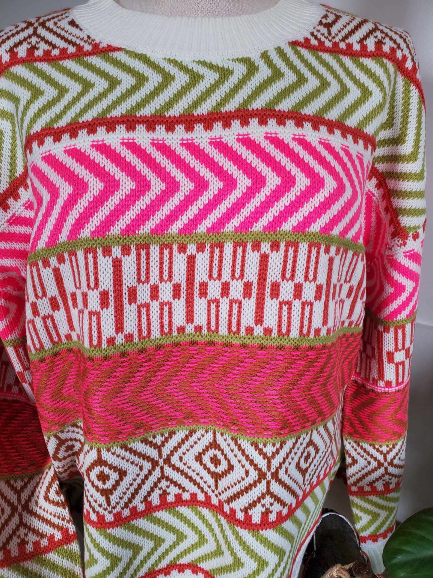 Aztec Print Crew Neck Pullover Sweater