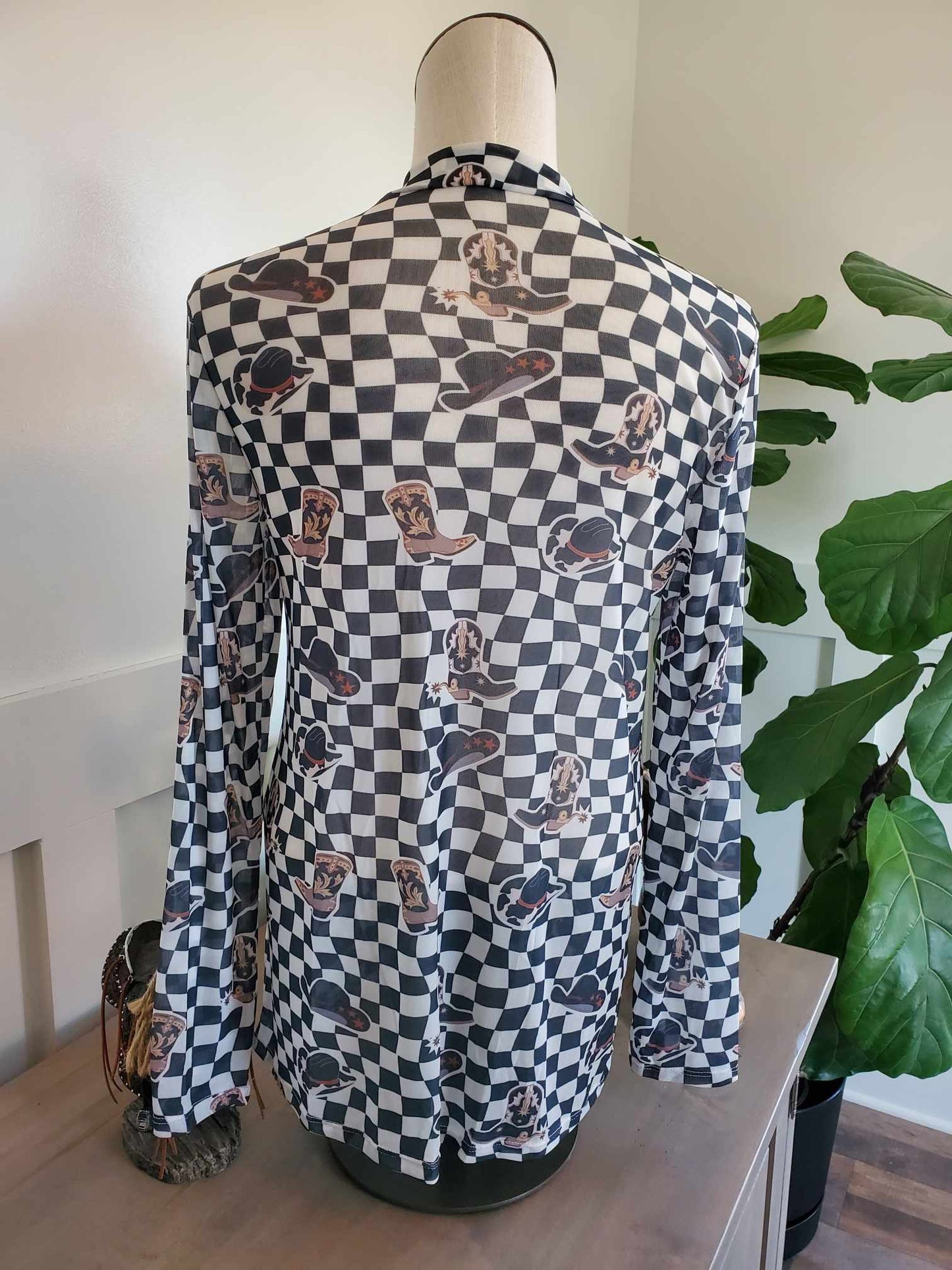 Western Checkered Mesh Long Sleeve Top