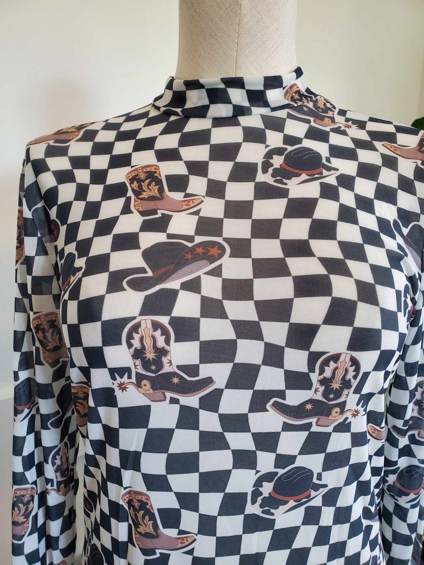 Western Checkered Mesh Long Sleeve Top