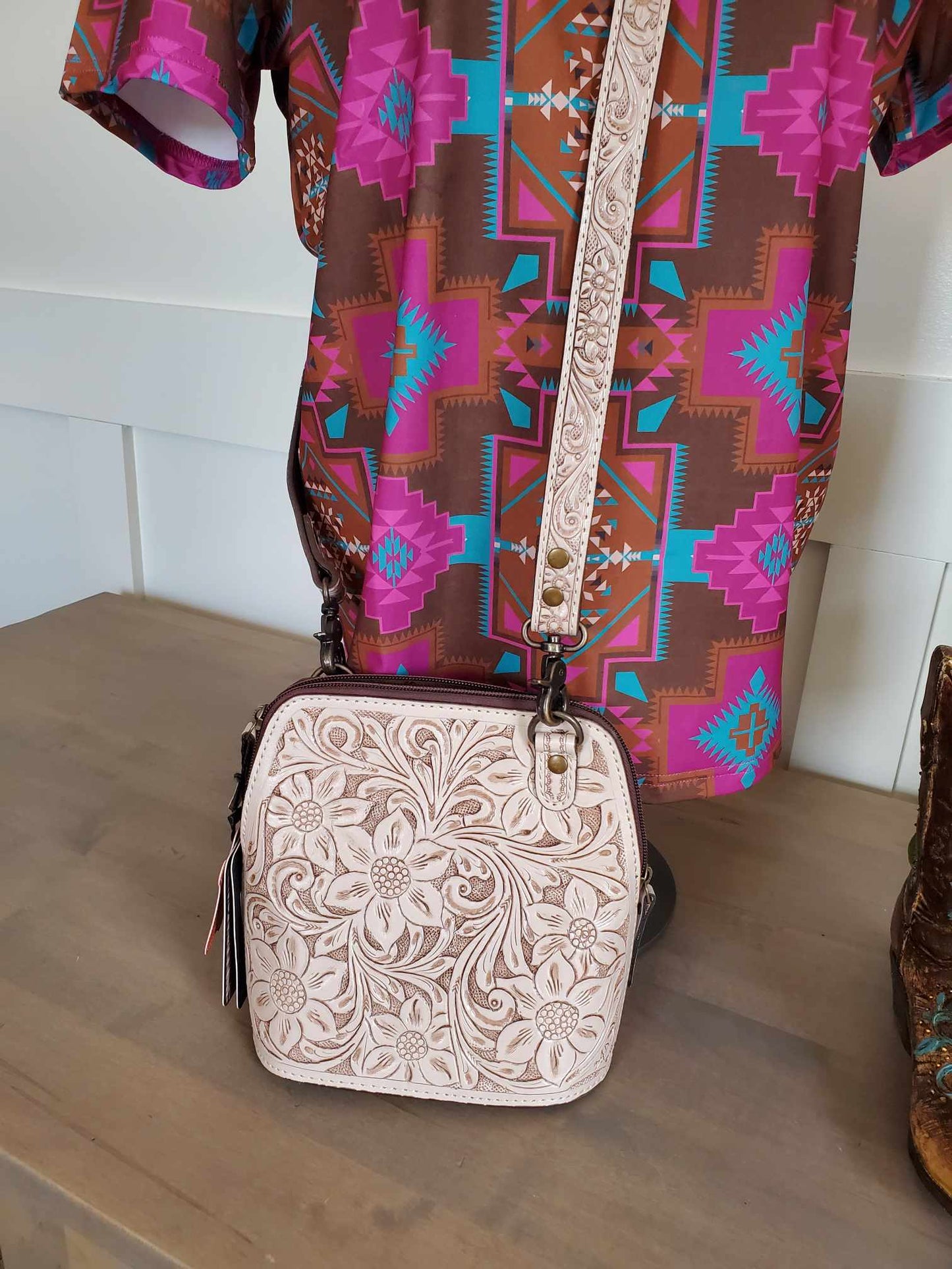 Spring Colored Tooled Leather Cross Body Bag