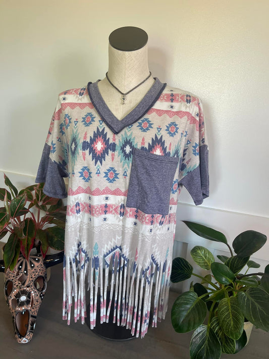Aztec Blue Bottom Fringe Top