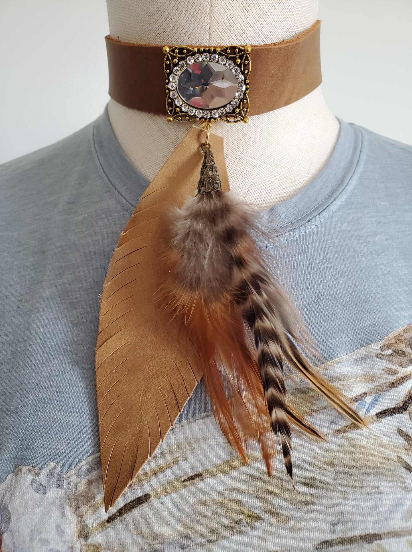 Rhinestone and Feather Leather Choker